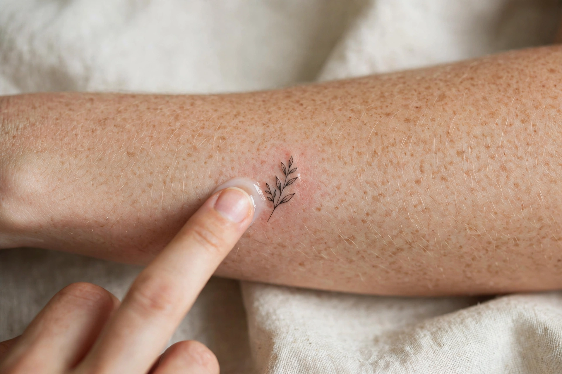 A fresh small flash tattoo on a forearm being gently moisturised