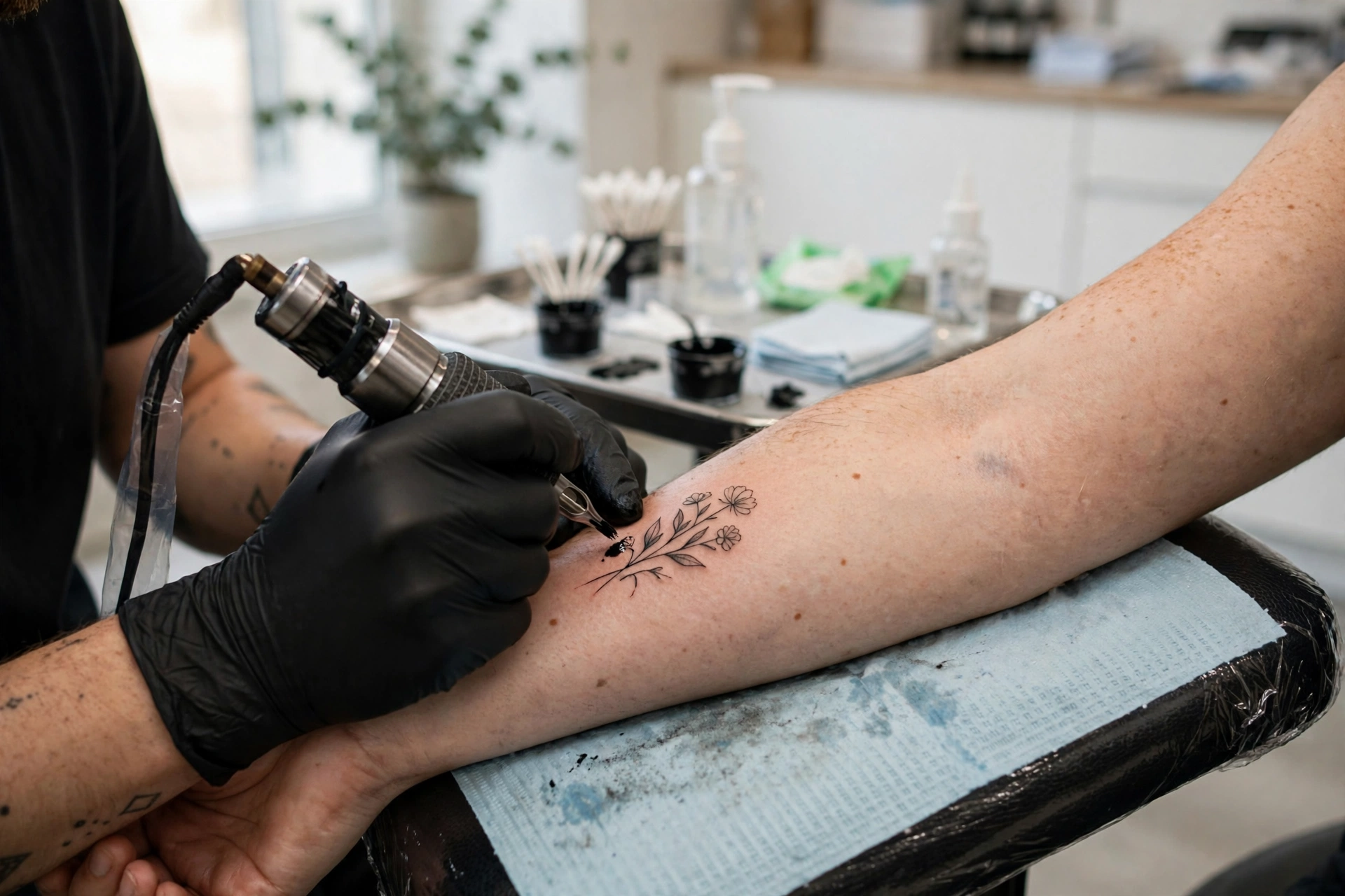 Tattoo artist tattooing a small flash design on a client's forearm