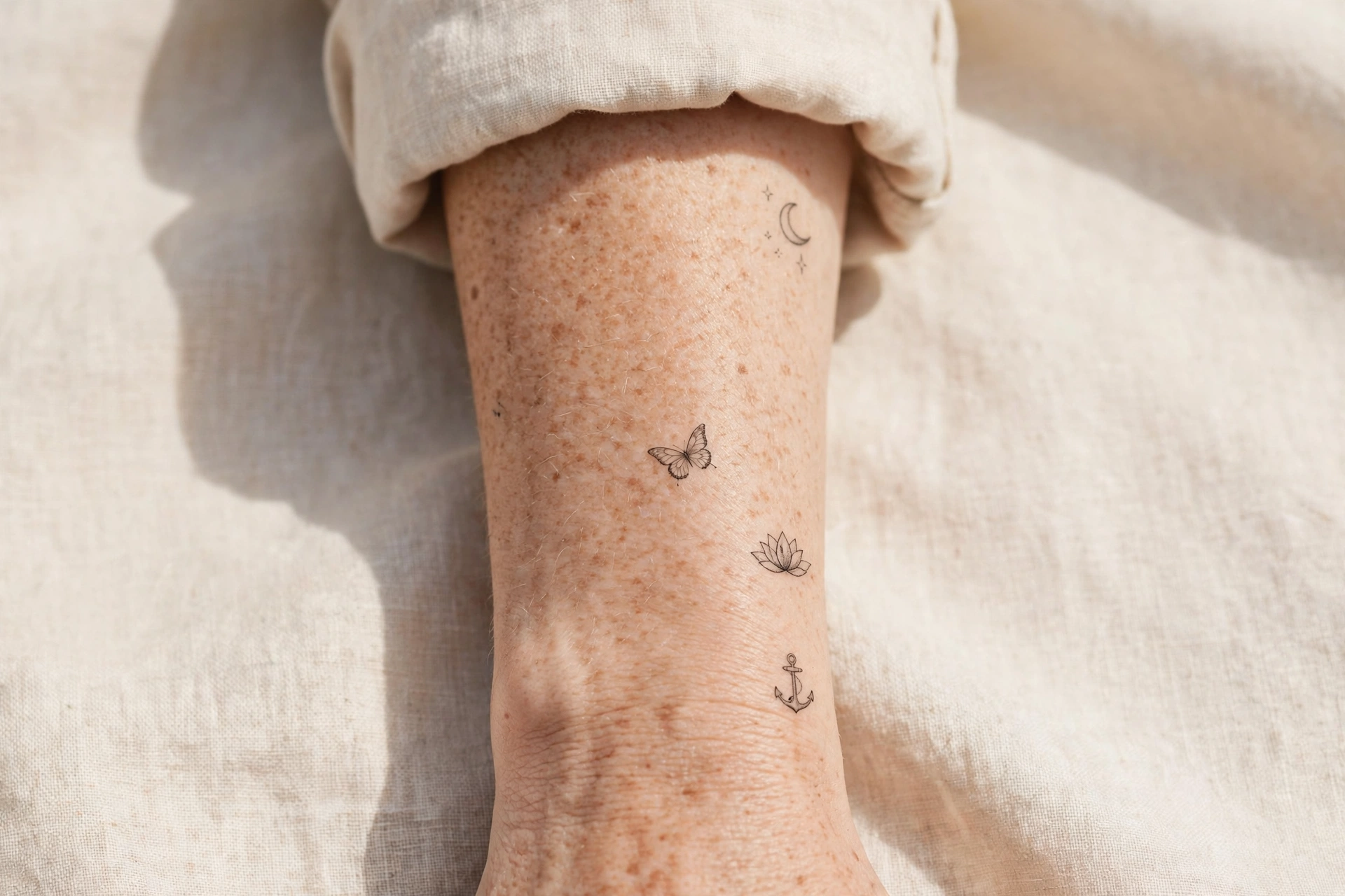 Forearm and wrist with small delicate meaningful tattoos - anchor, lotus, butterfly and moon