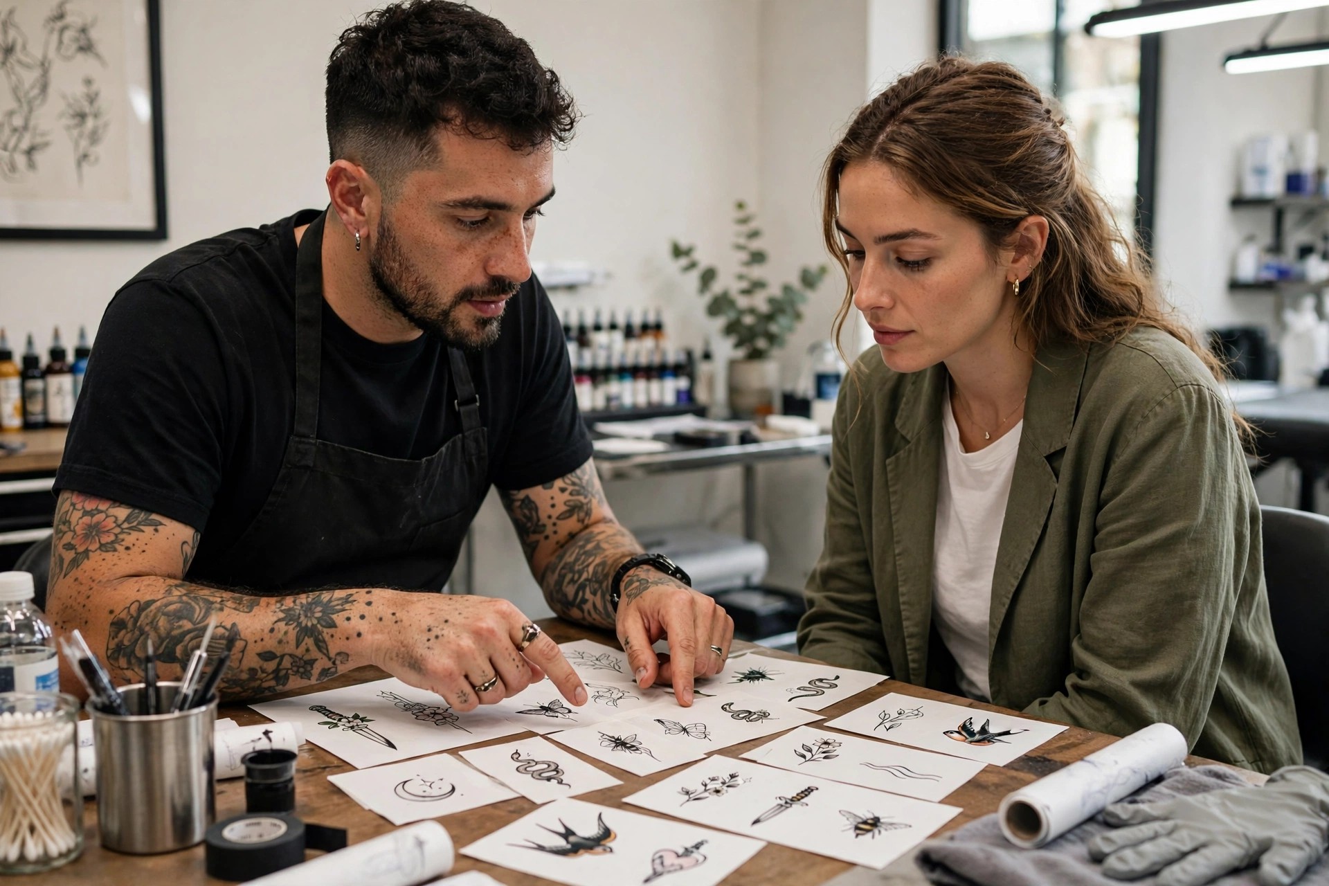 Tattoo artist consulting client over small tattoo flash designs
