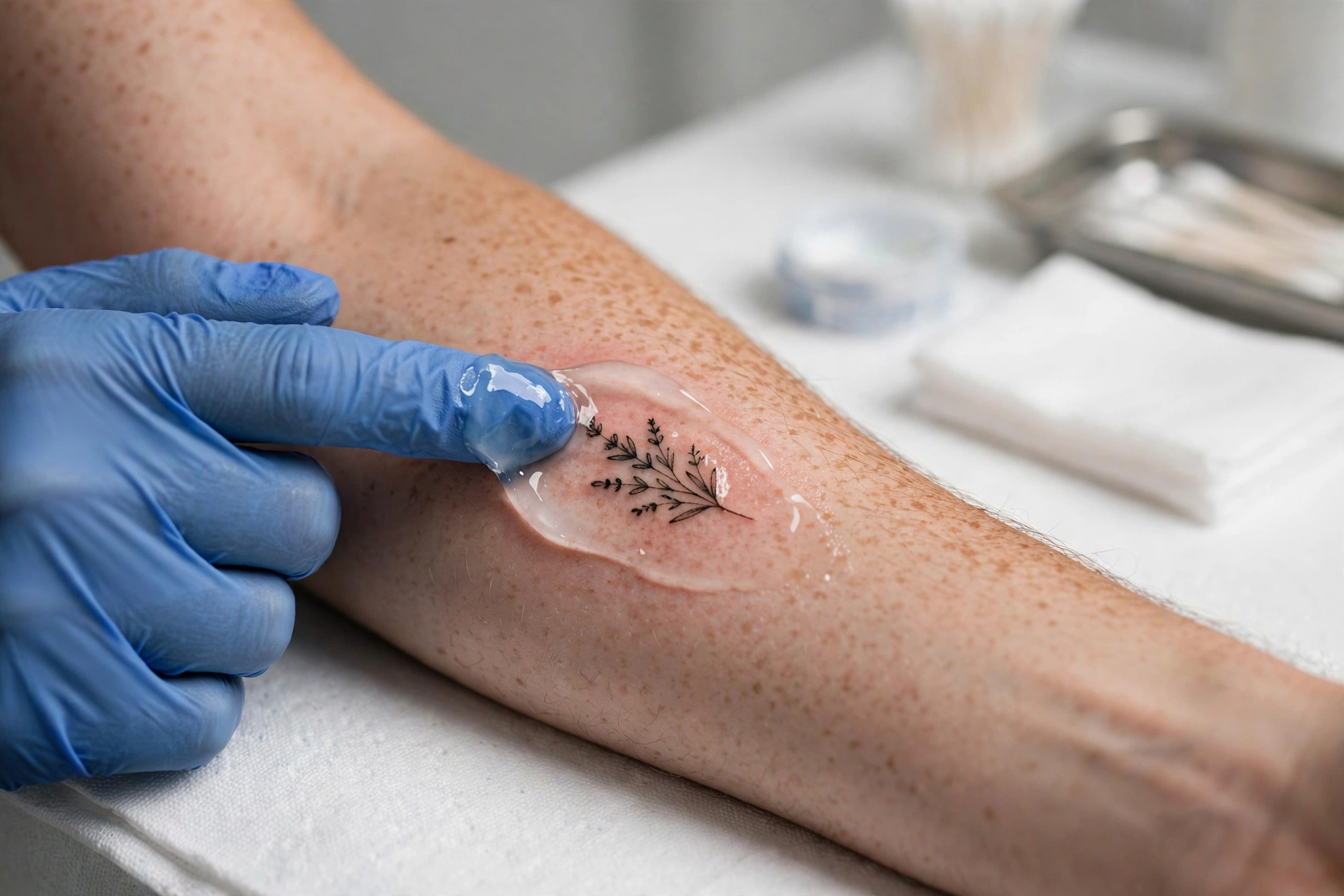 Fresh small tattoo on a forearm being treated with aftercare ointment