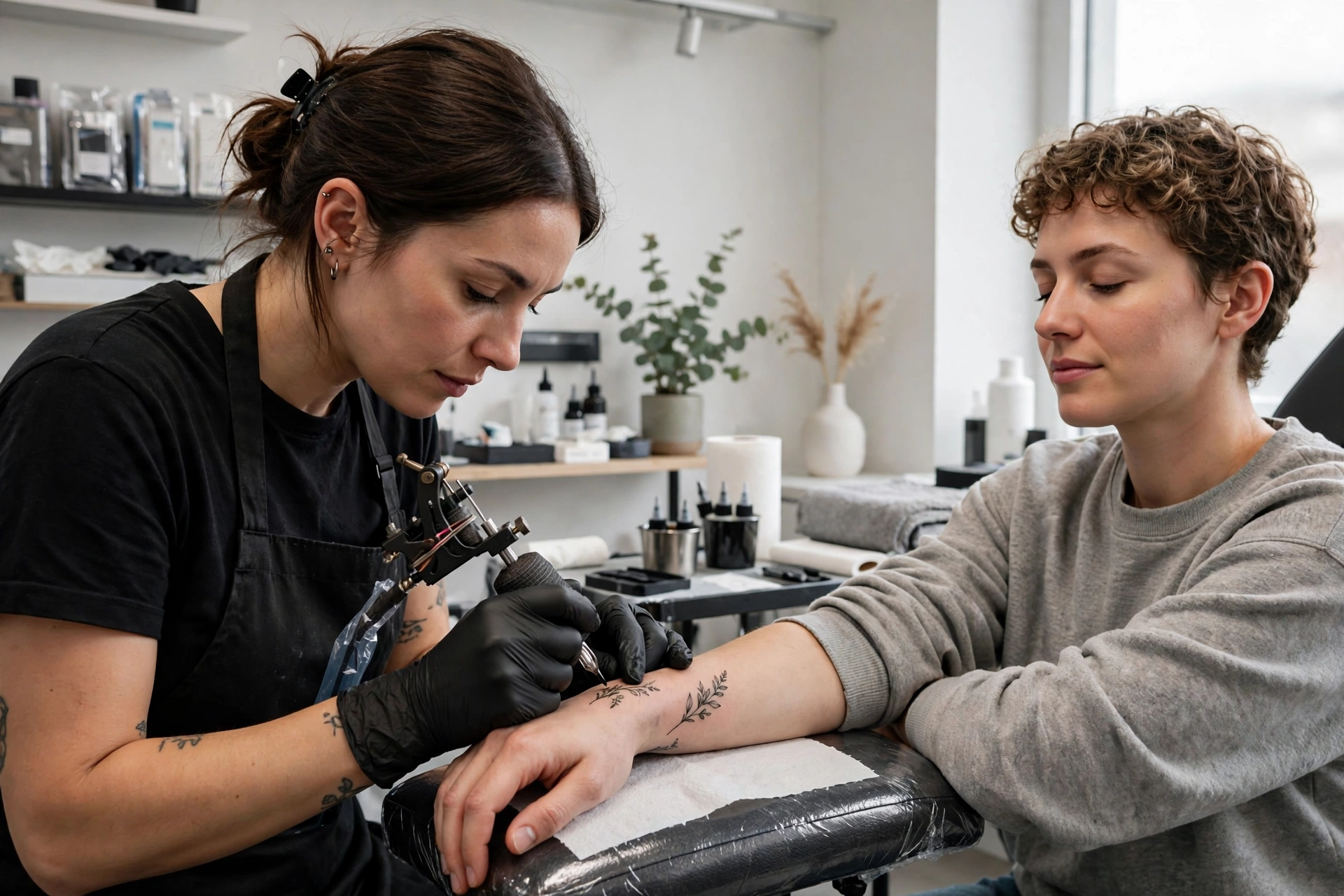 Tattoo artist working on a small wrist tattoo