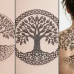 Three tree of life tattoo designs side by side — classic circle tree, Celtic knotwork tree and large back oak tree