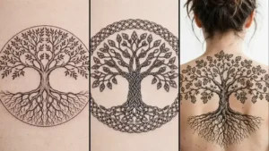 Three tree of life tattoo designs side by side — classic circle tree, Celtic knotwork tree and large back oak tree