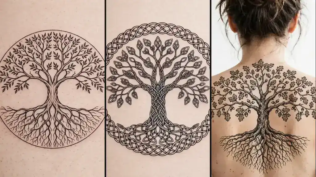 Three tree of life tattoo designs side by side — classic circle tree, Celtic knotwork tree and large back oak tree