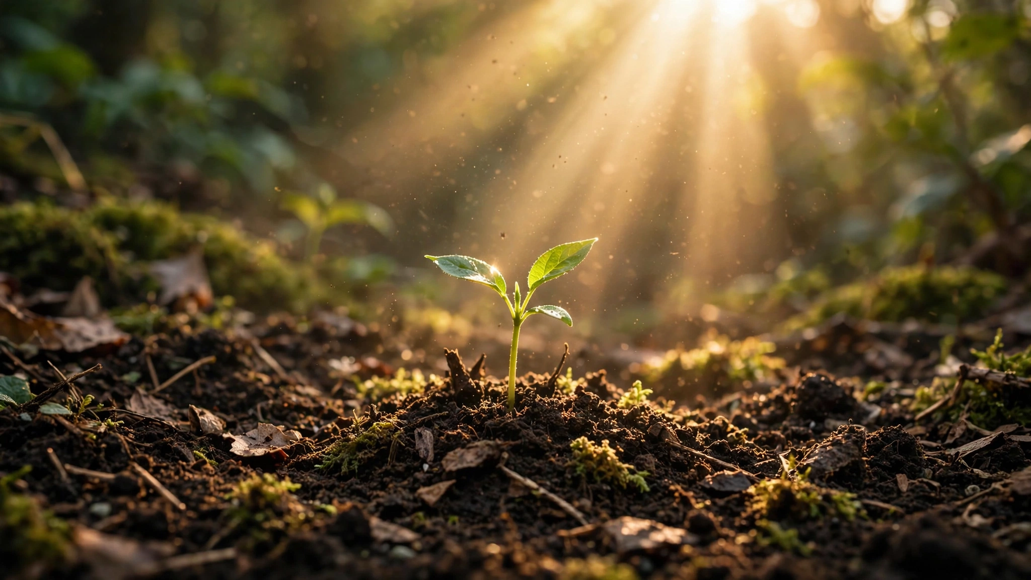 A young green seedling growing toward golden sunlight in rich soil — a symbol of growth and new beginnings
