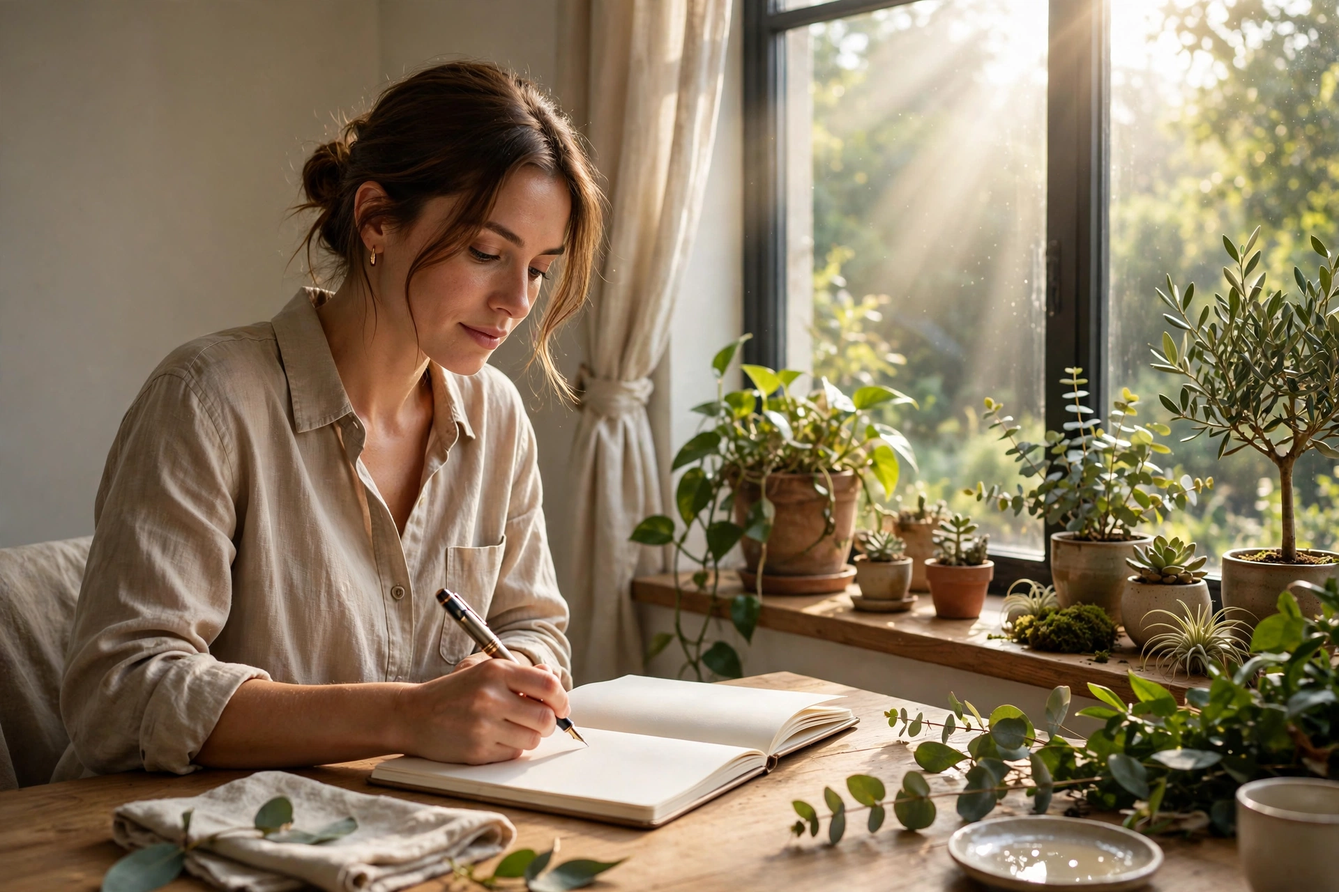 Woman journaling by a bright sunlit window surrounded by plants — daily reflection habit for personal growth