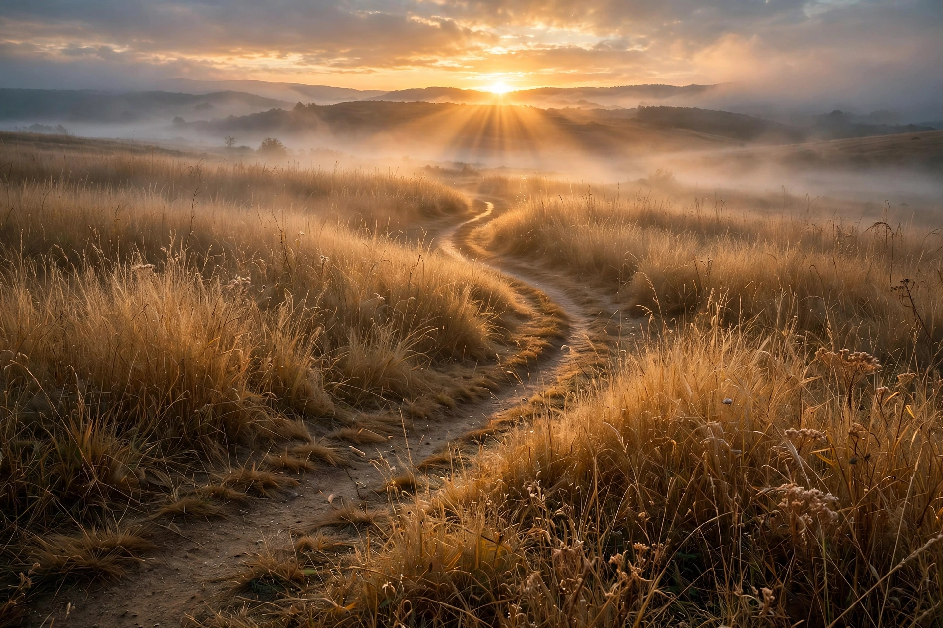 A winding path through tall golden grass toward a dramatic sunrise — the journey of personal growth