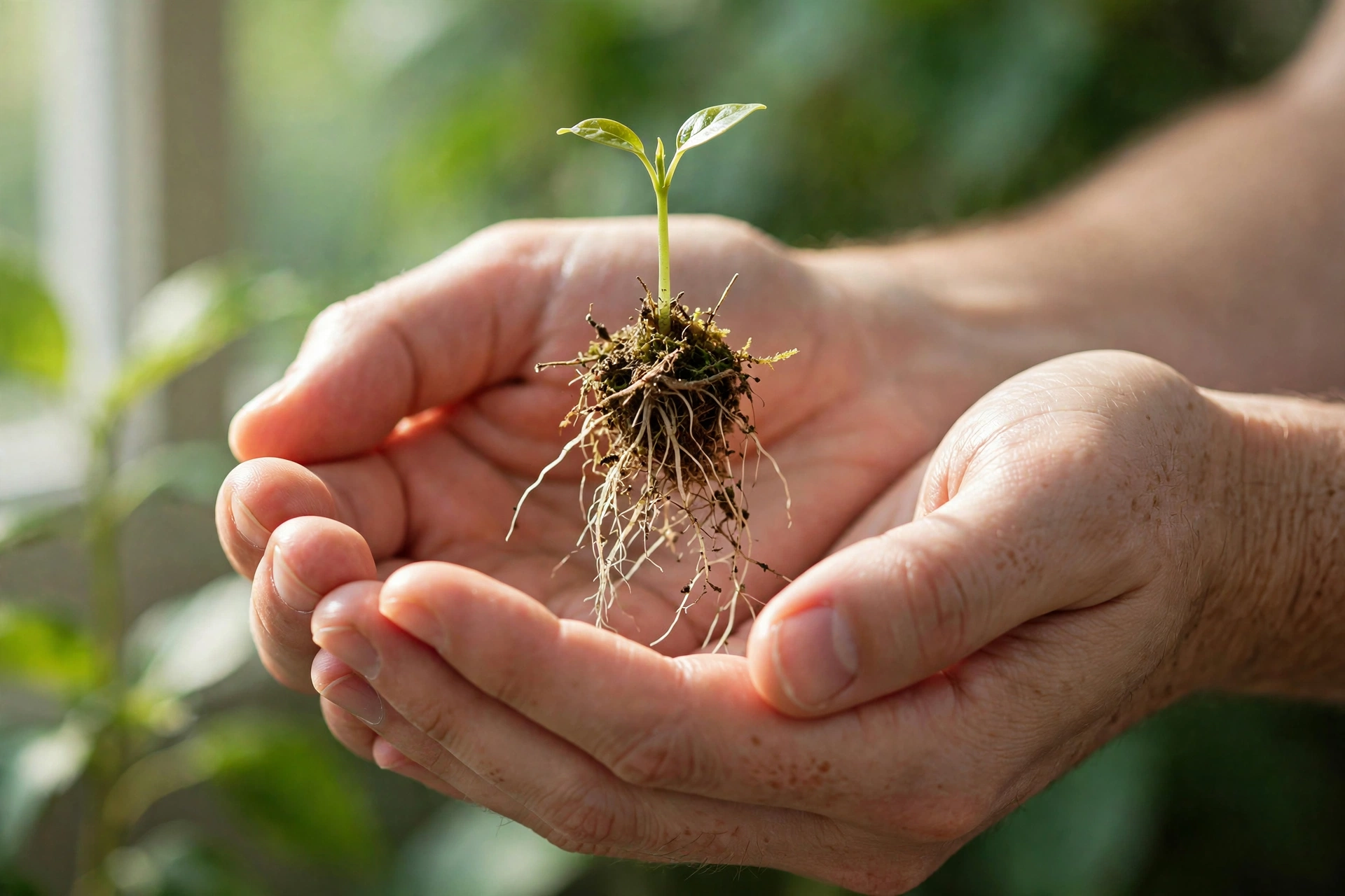 Cupped hands gently holding a small plant sprout in soft natural light — nurturing your own growth