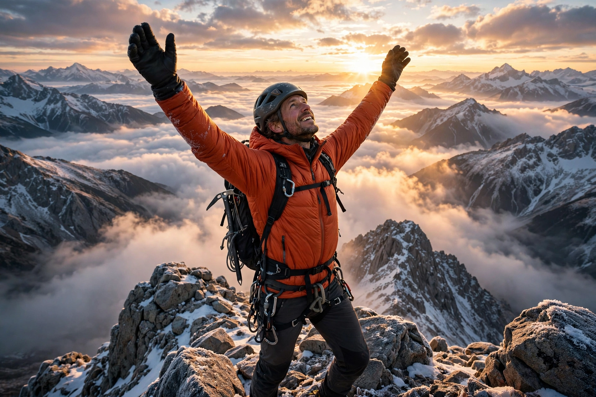 A mountain climber raising arms in triumph at a dawn summit — reaching your growth goals