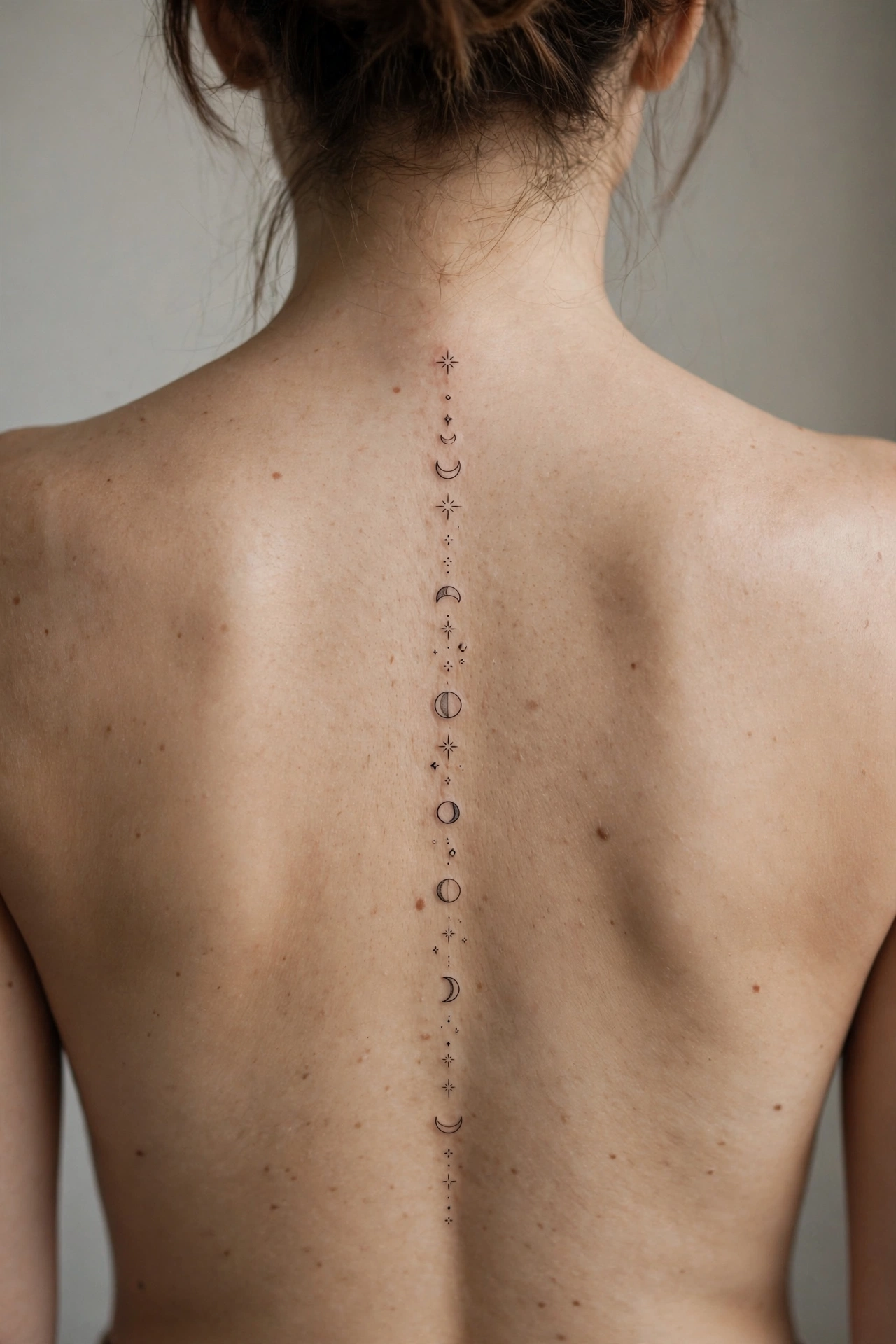 Woman with a large elegant floral back tattoo spanning the shoulder blades, shown with two smaller comparison panels