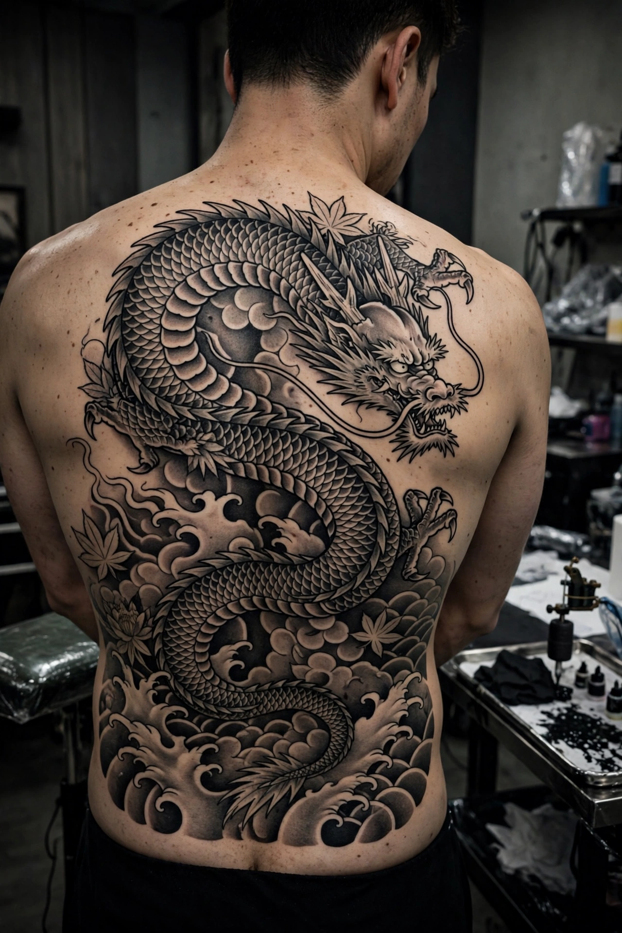 Woman with a large elegant floral back tattoo spanning the shoulder blades, shown with two smaller comparison panels