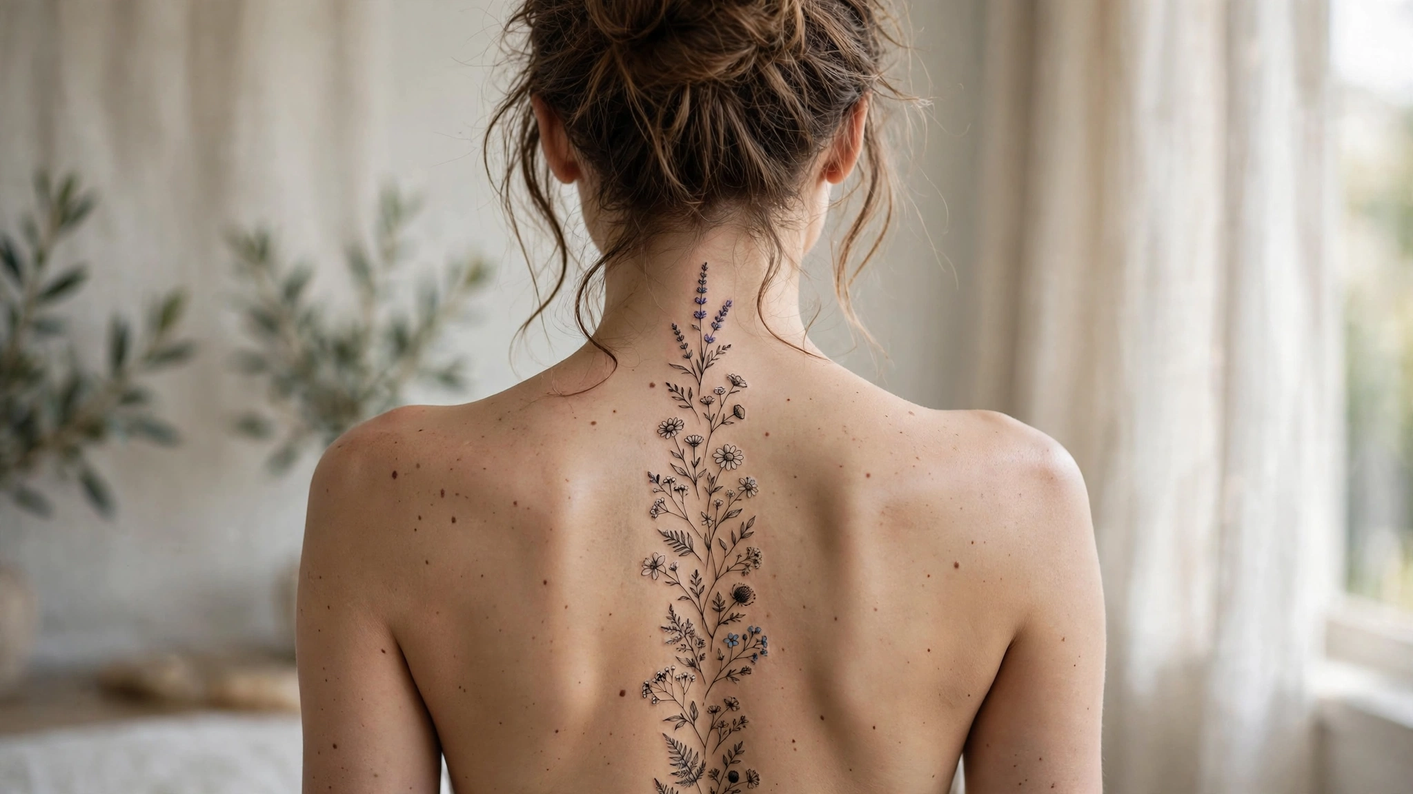 Elegant floral spine back tattoo on a woman, shot editorial style