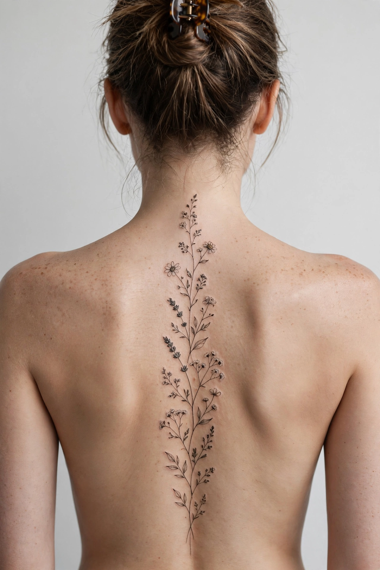 Delicate floral spine tattoo running down a woman's back