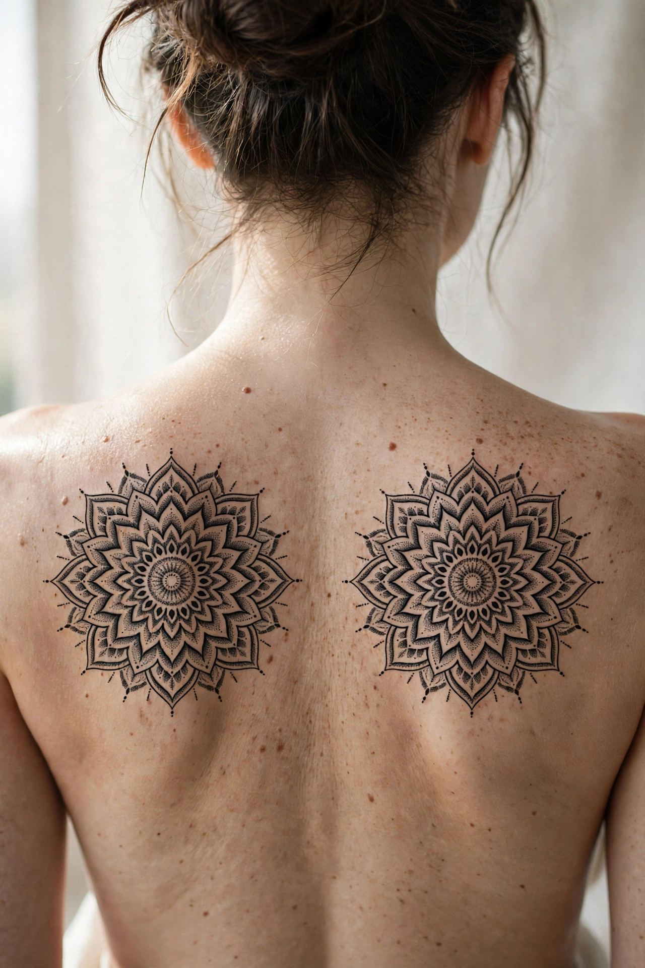 Twin ornamental mandala tattoos across a woman's upper back