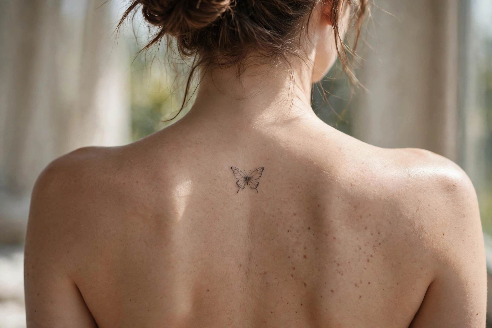 Small butterfly tattoo between a woman's shoulder blades