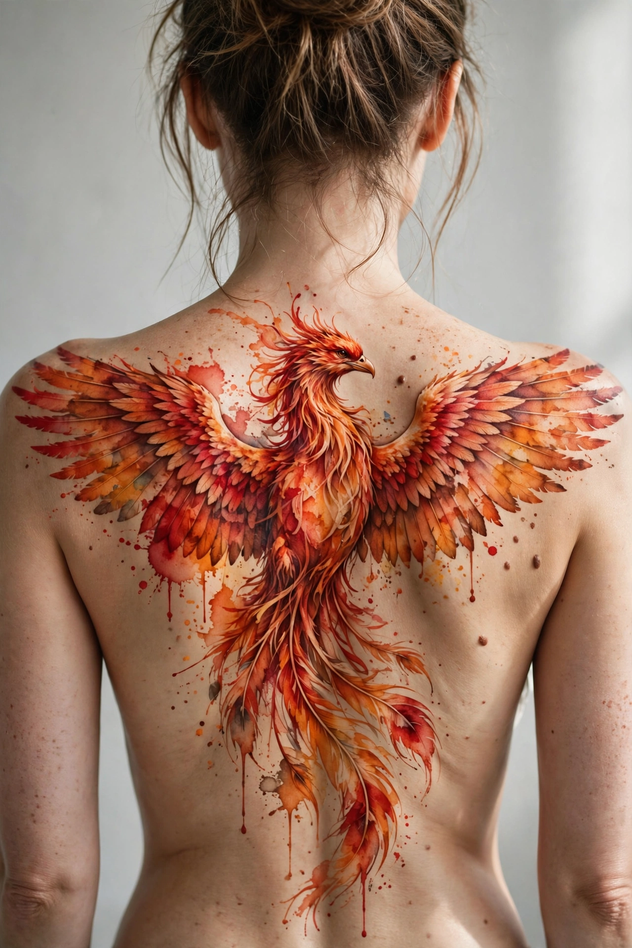 Large phoenix back piece on a woman, vibrant and detailed