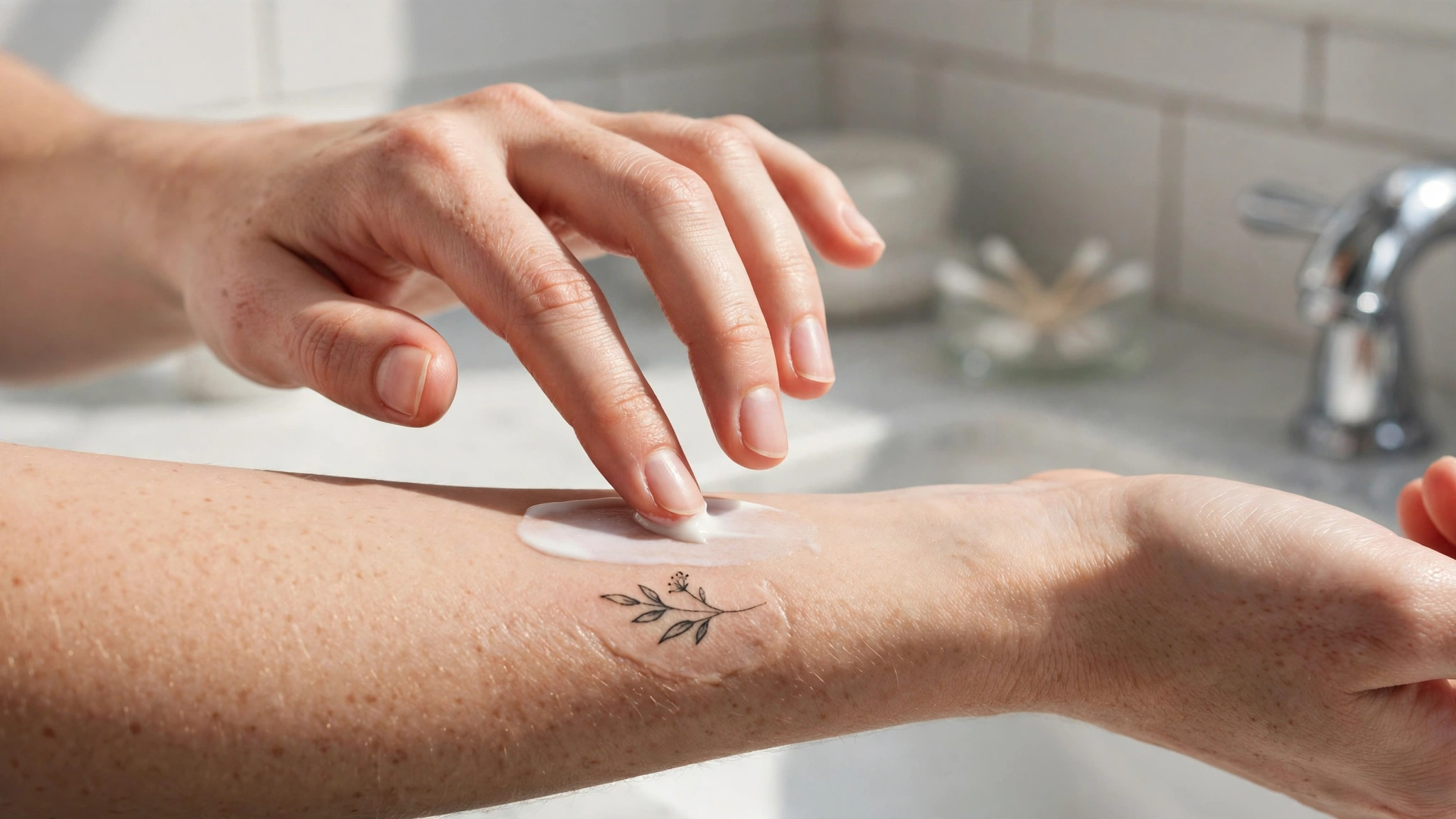 Hands applying a thin layer of plain unscented lotion onto a small forearm tattoo