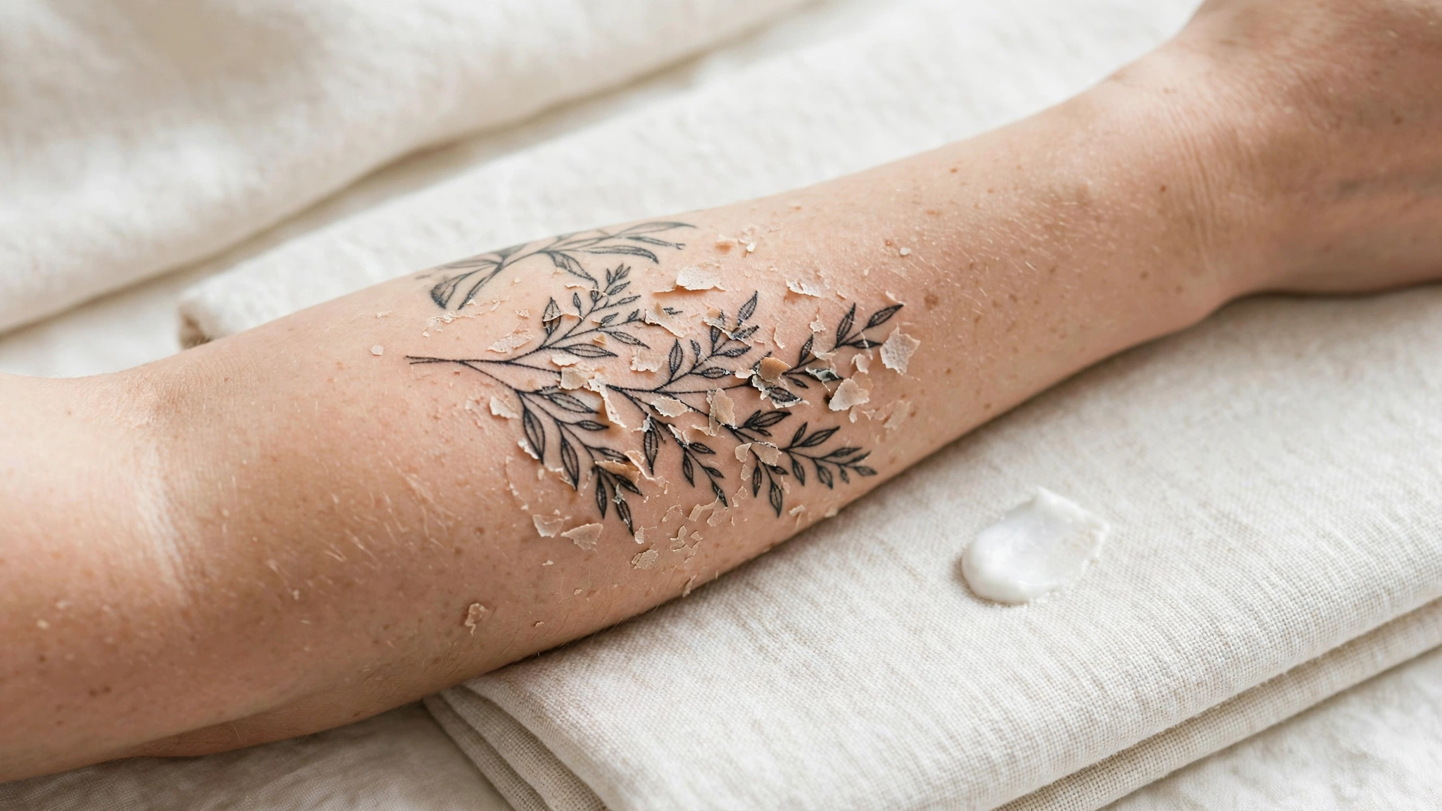 Forearm tattoo in the light peeling stage with plain moisturiser on a clean towel