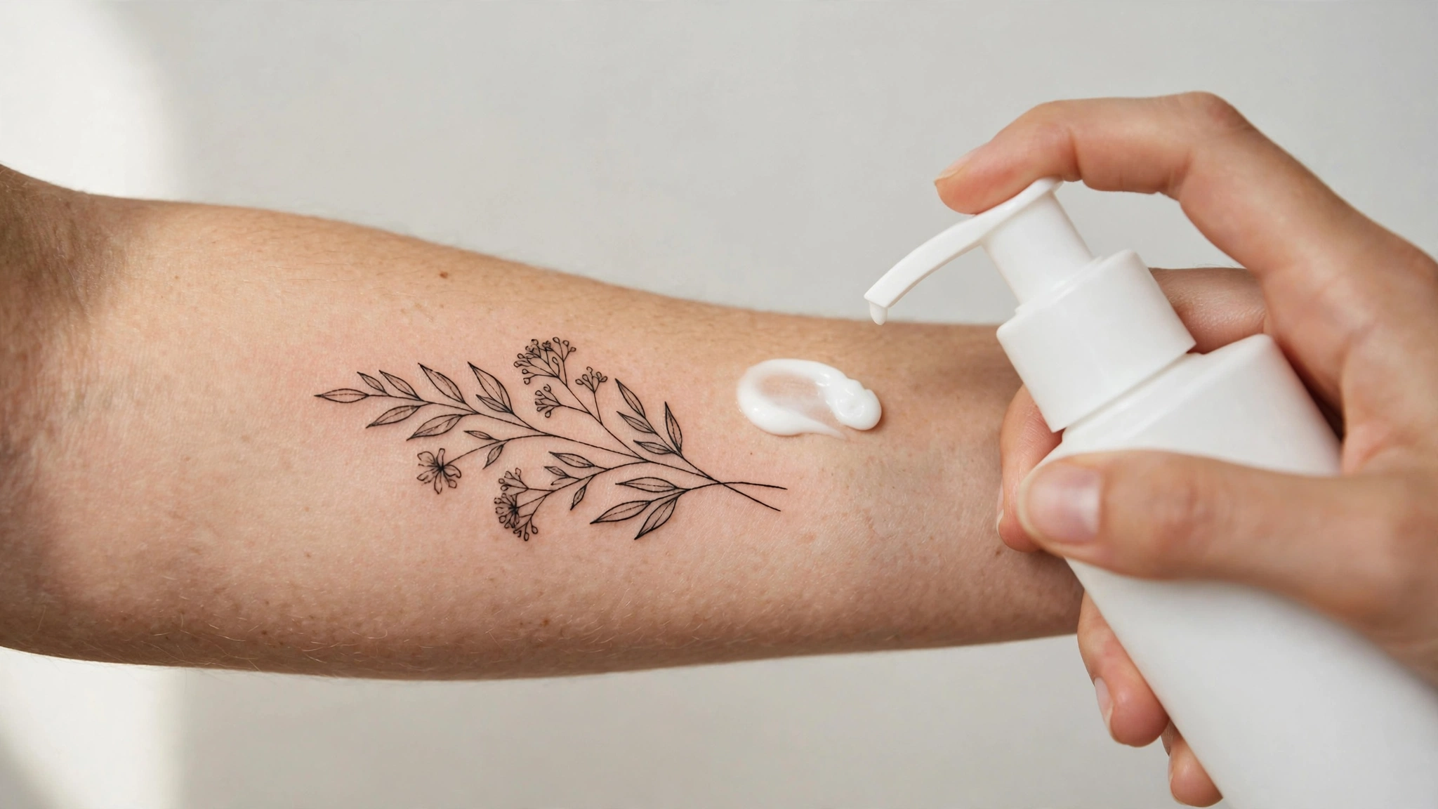 Forearm with a fine-line botanical tattoo being moisturised with plain fragrance-free lotion