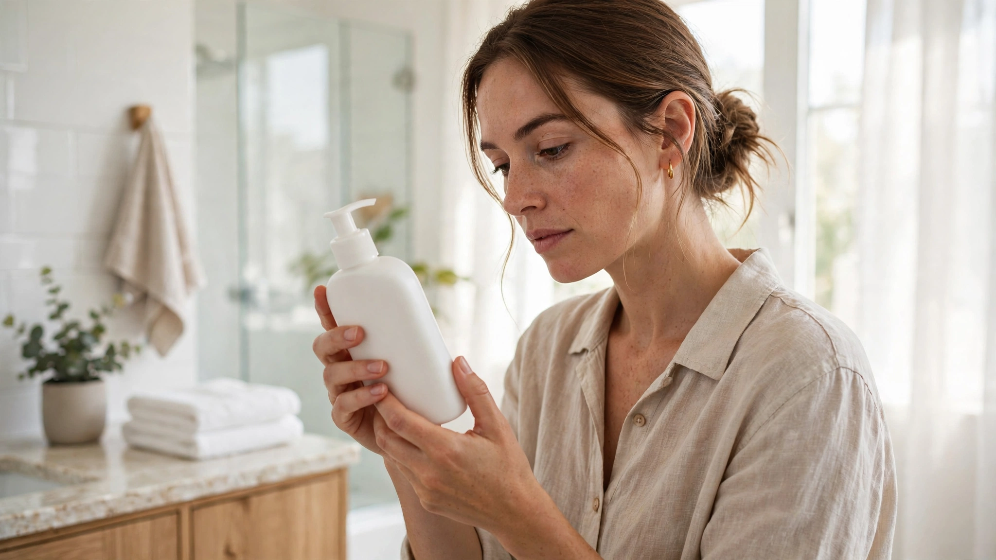 Person reading the back ingredient label of a plain white lotion bottle