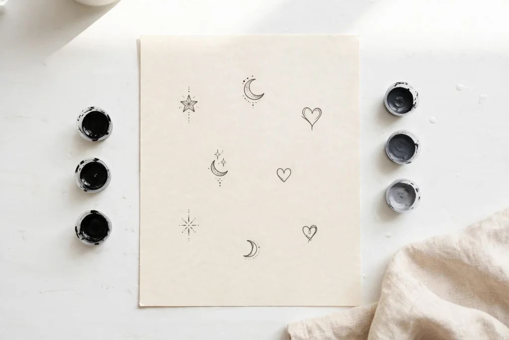 Small minimalist hand tattoo design ideas flat-lay