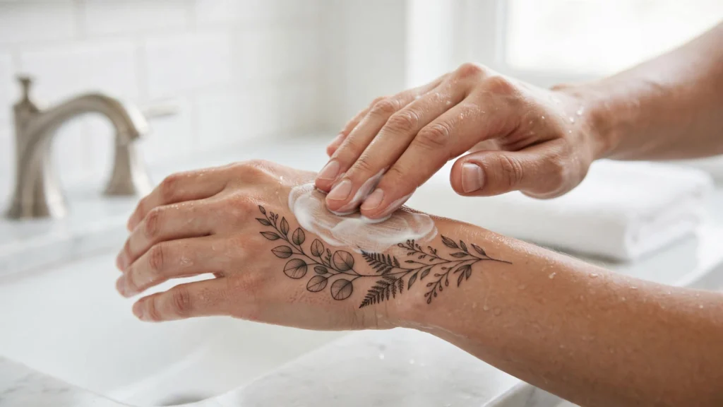 Moisturizing hands during tattoo aftercare