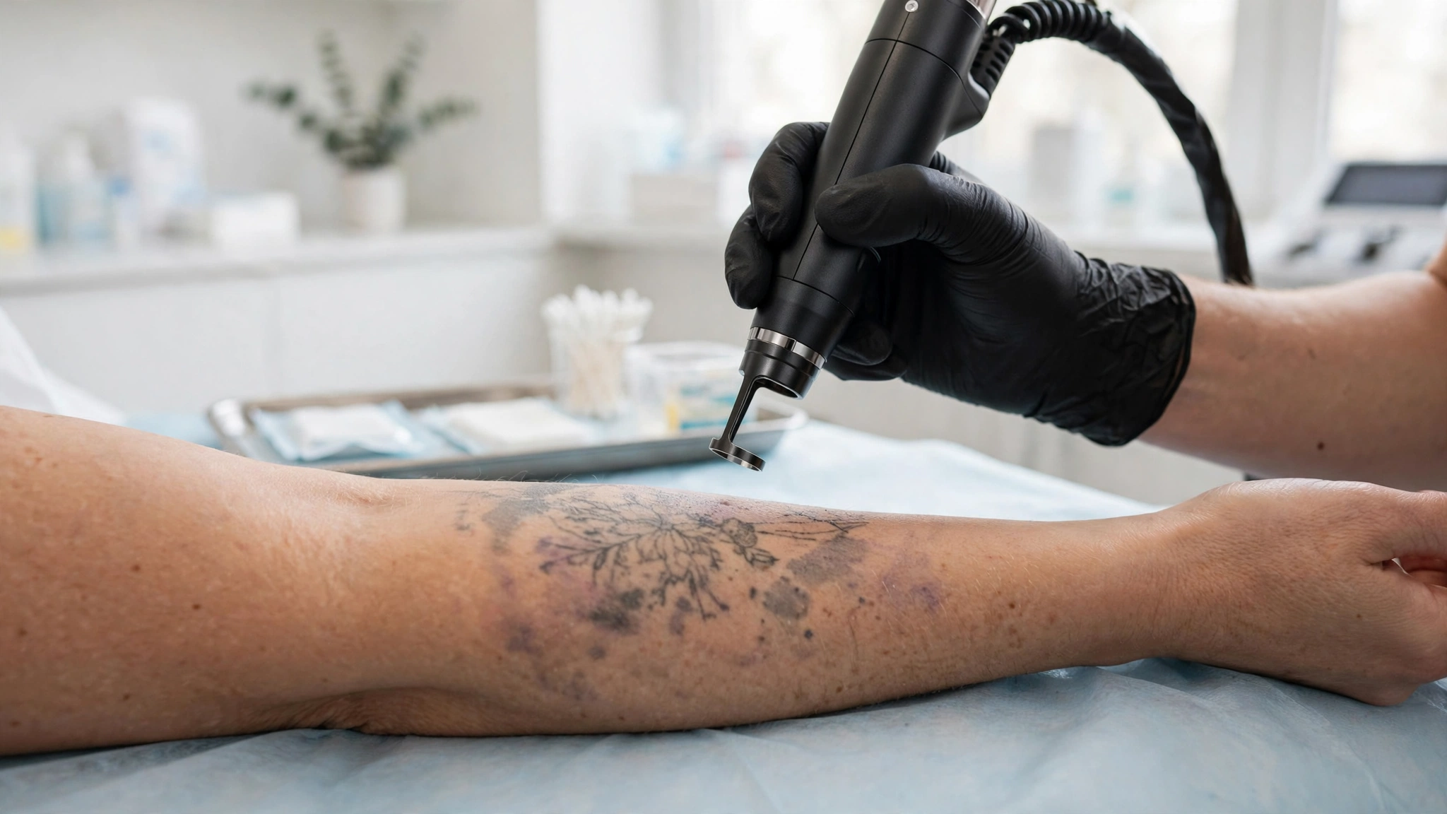 Laser tattoo removal session at a clinic — laser handpiece treating a partially faded forearm tattoo