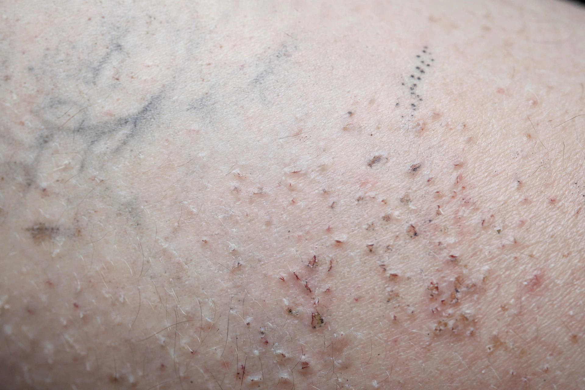 Close-up of a half-faded tattoo during laser tattoo removal, showing the before-and-after effect