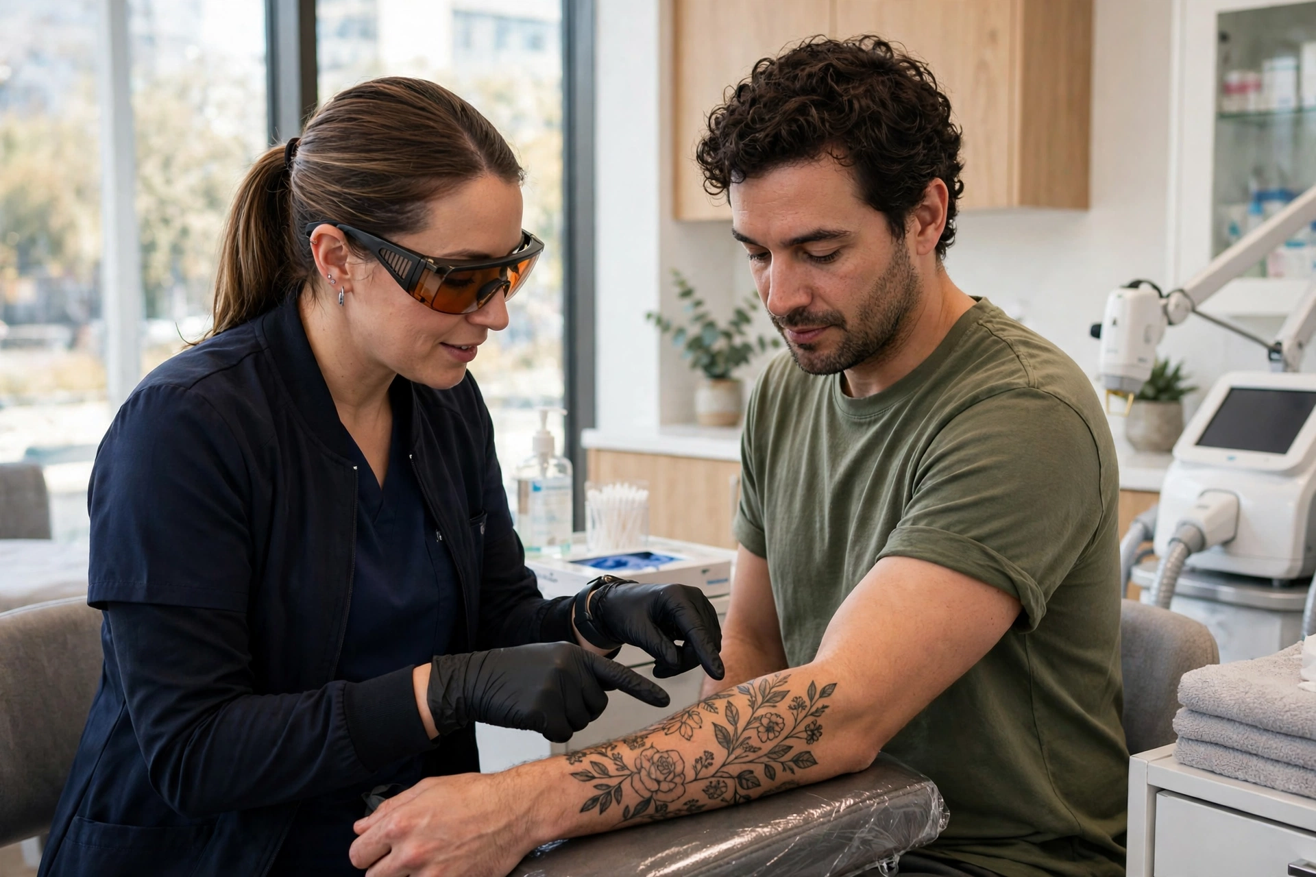 Laser tattoo removal consultation — specialist examining a client's tattooed arm