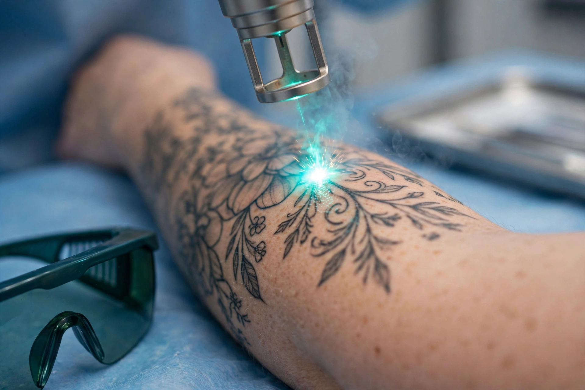 Laser pulse on skin during a tattoo removal treatment, with protective eyewear on