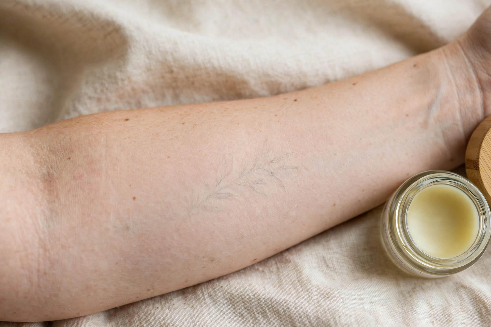 Healed skin with a faint ghost-tattoo trace after laser removal, with aftercare balm jar