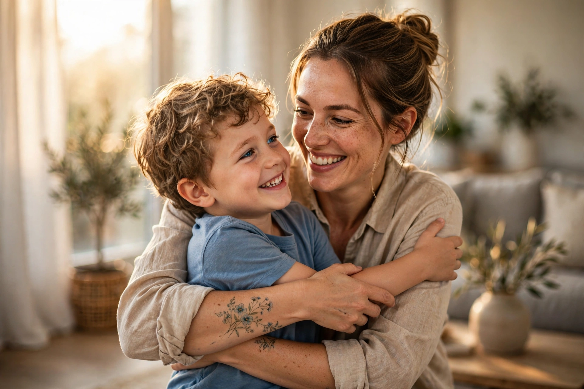 Tattooed mom hugging her son in a bright living room