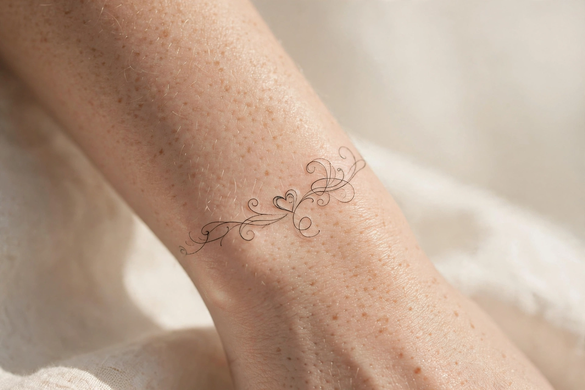 Close-up of a small elegant heart and fine-line tattoo on a woman's wrist