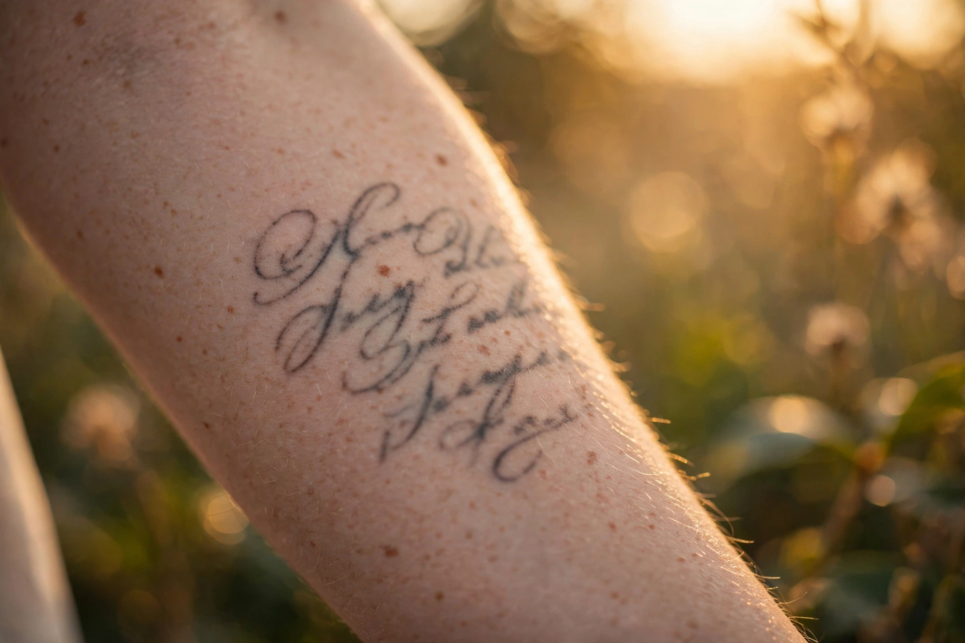 Artistic close-up of an elegant script tattoo on a woman's inner forearm