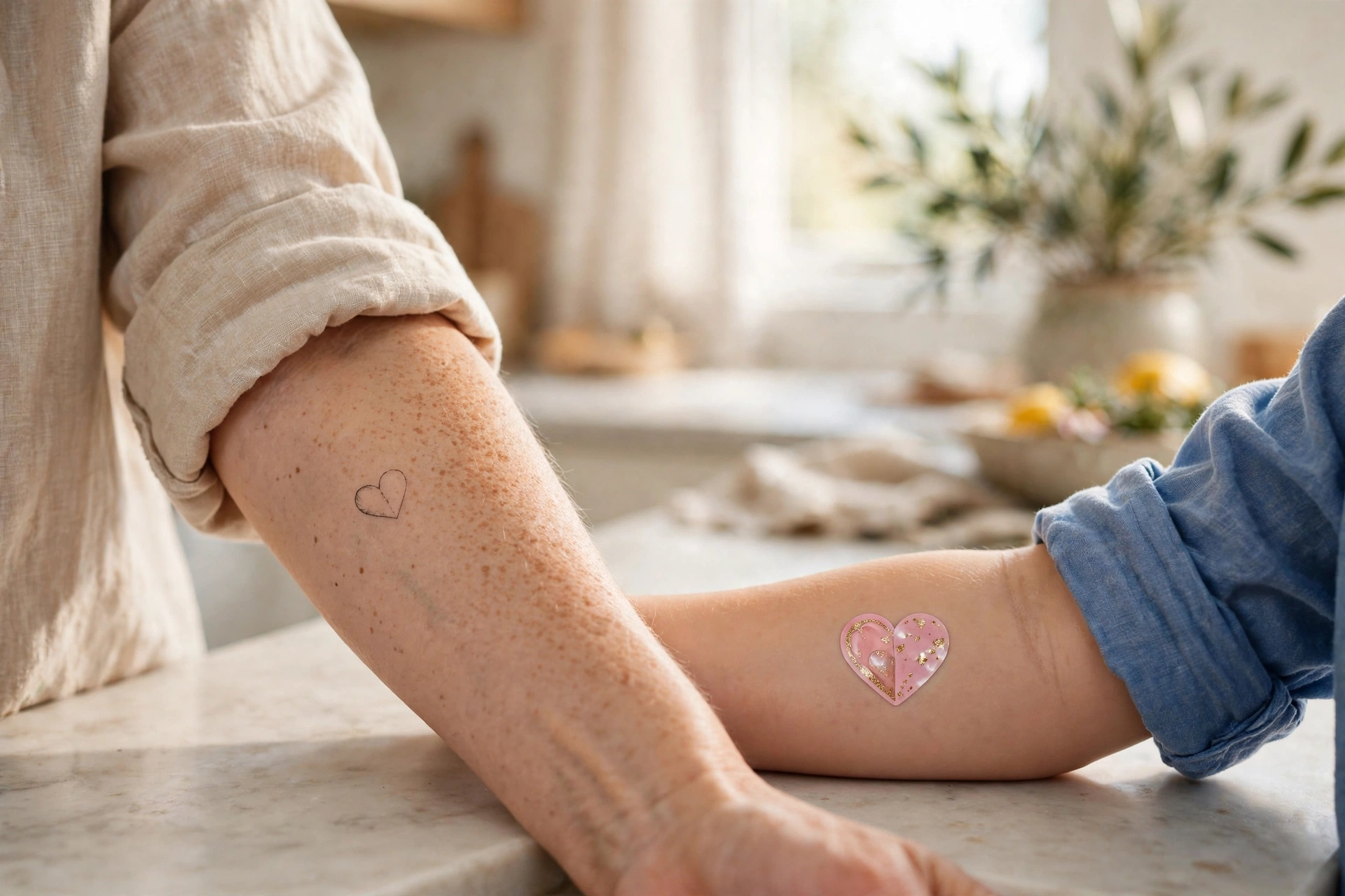 Mother's forearm with a half-heart tattoo beside her son's matching temporary heart tattoo