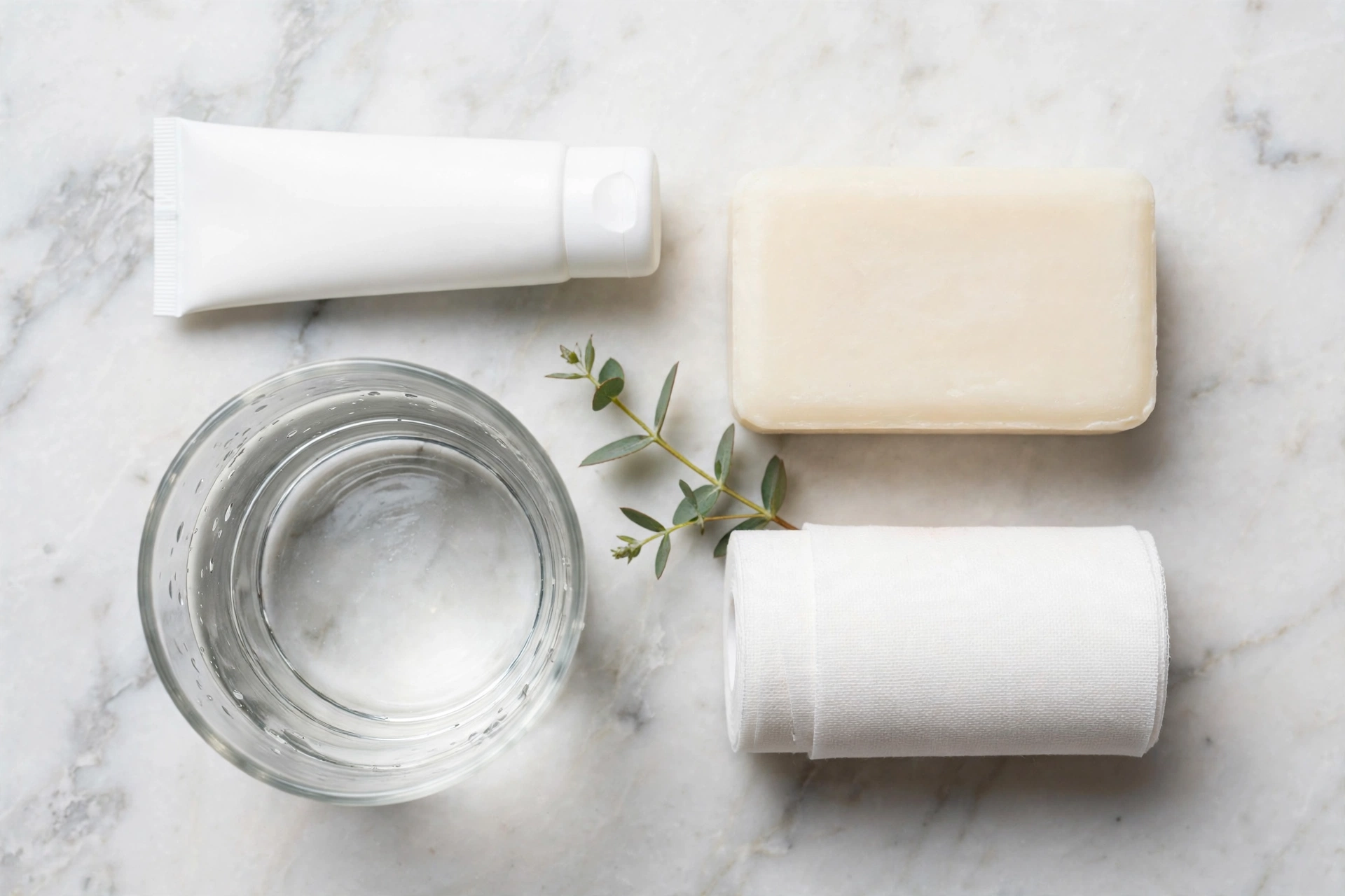 Flat-lay of tattoo aftercare essentials: moisturizer, gentle soap, bandage and water on marble