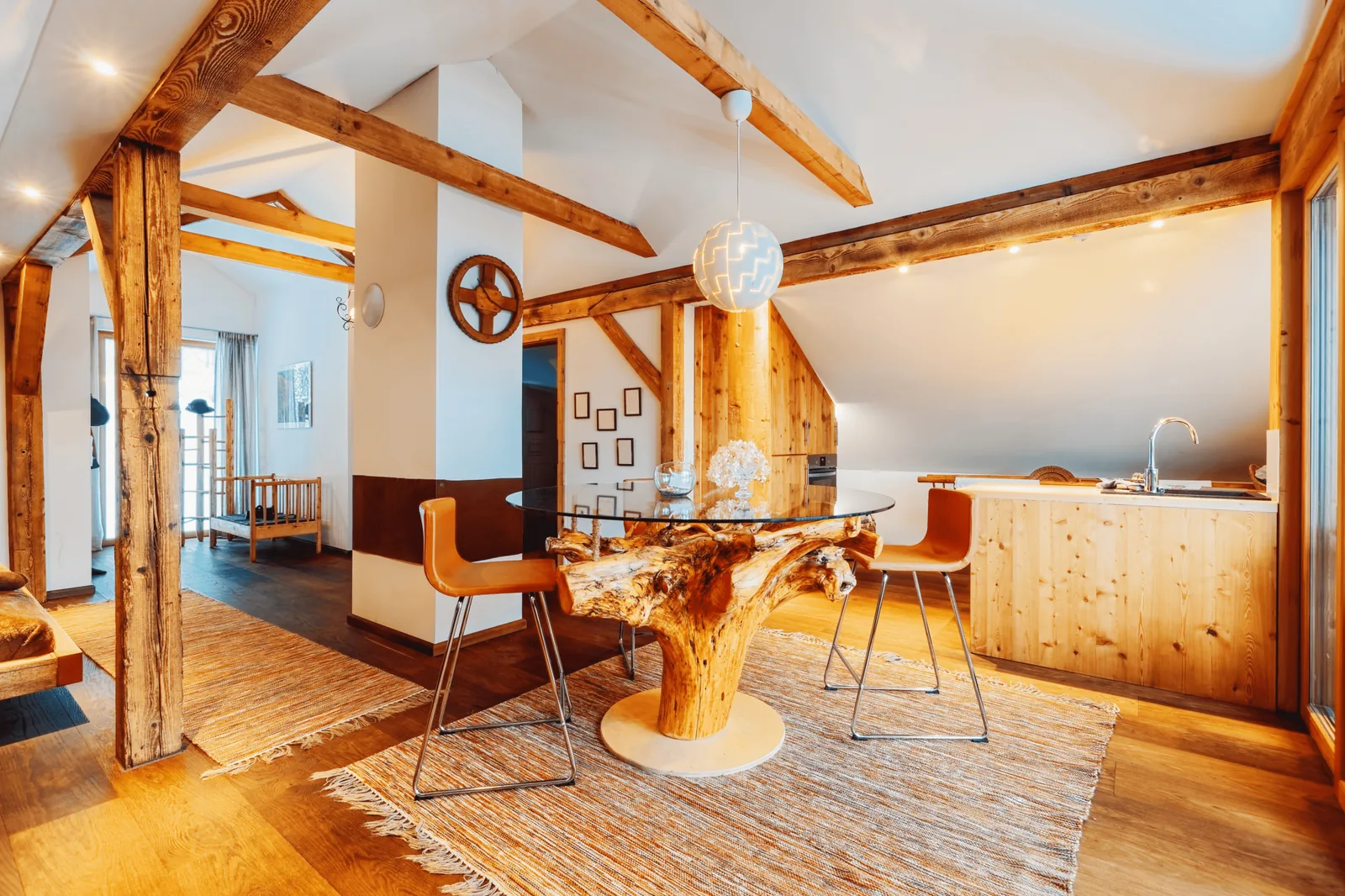 Solid wood rustic furniture with visible grain and leather seating