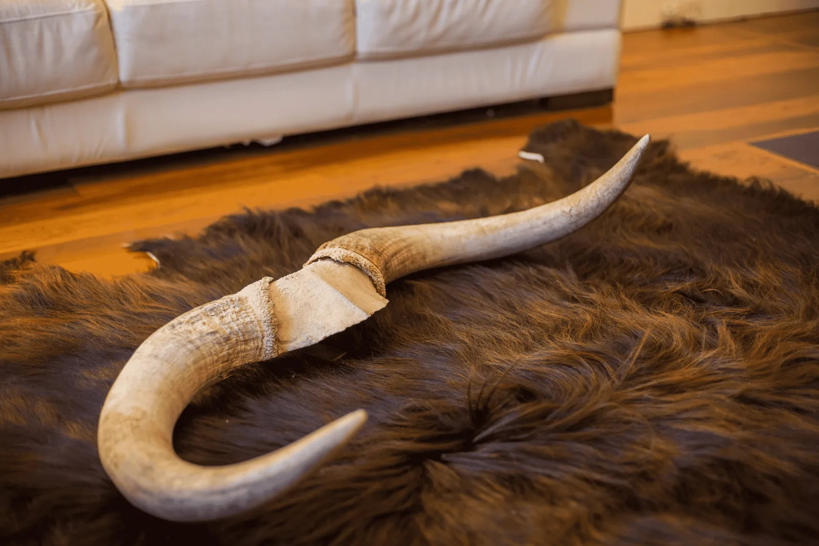 Natural cowhide rug layered over wood floors in a living room