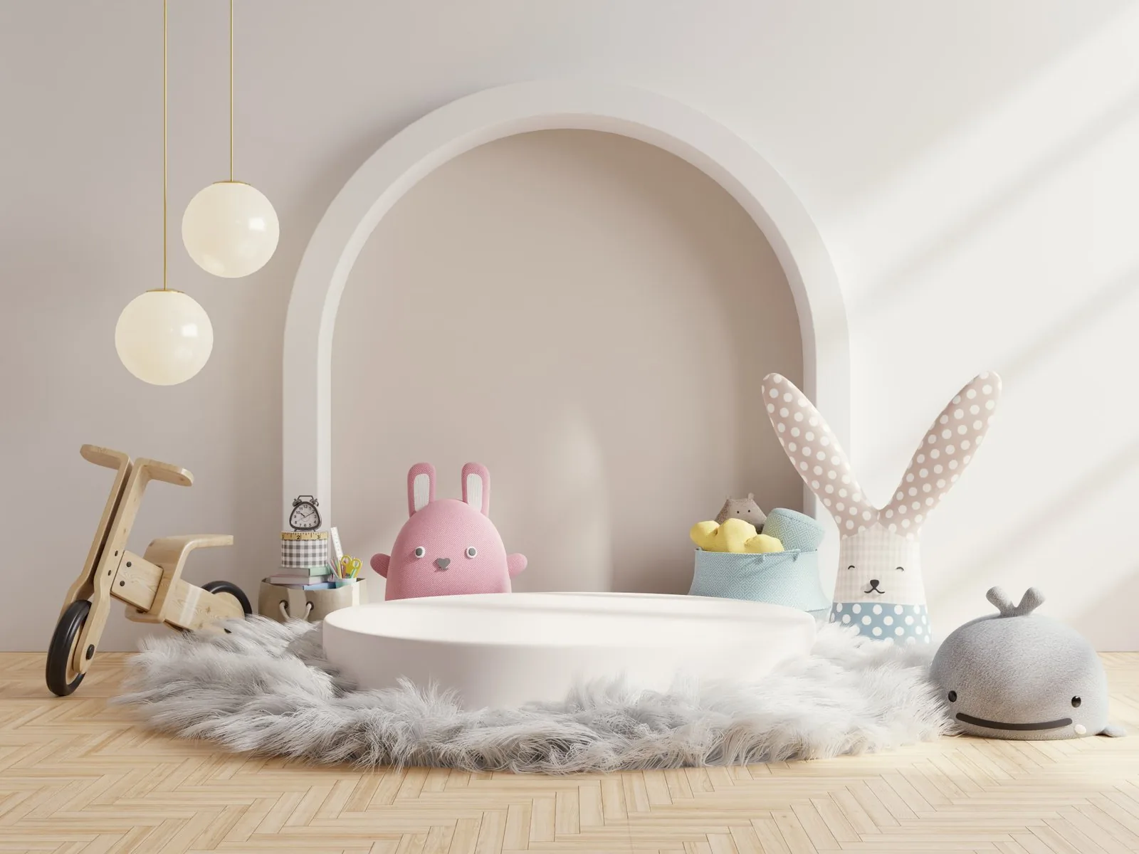 Small bow-shaped shelf displaying Hello Kitty figurines