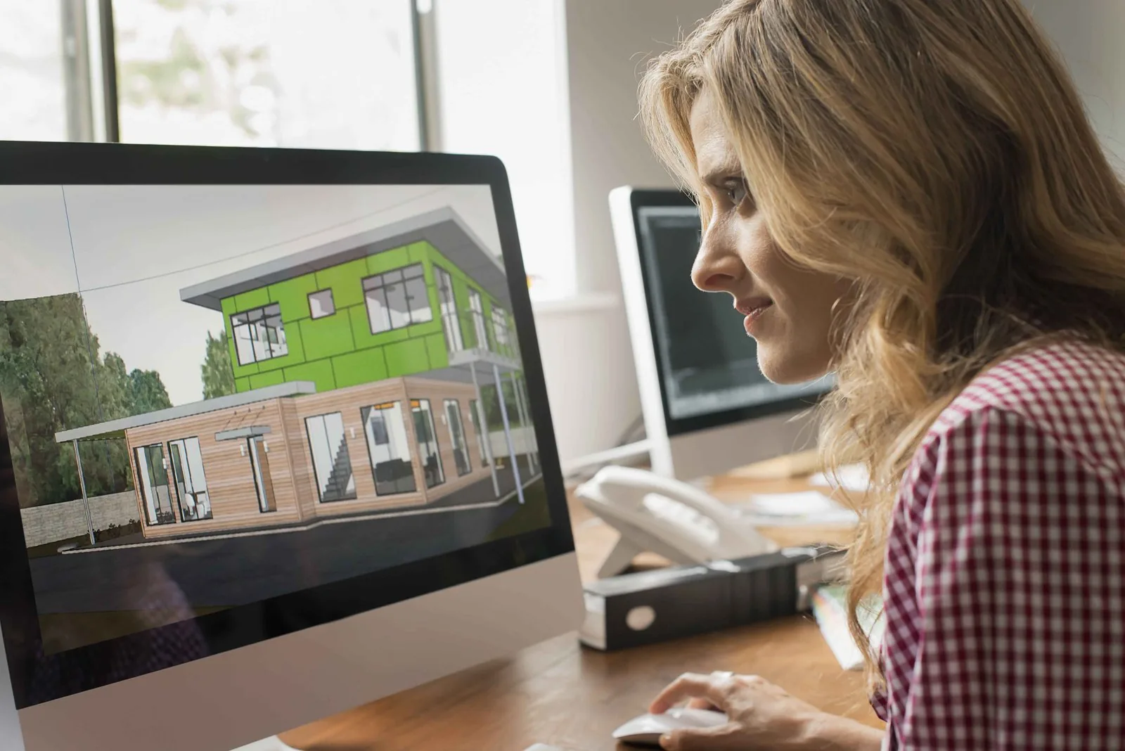 Architects reviewing a 3D home design model during a project meeting