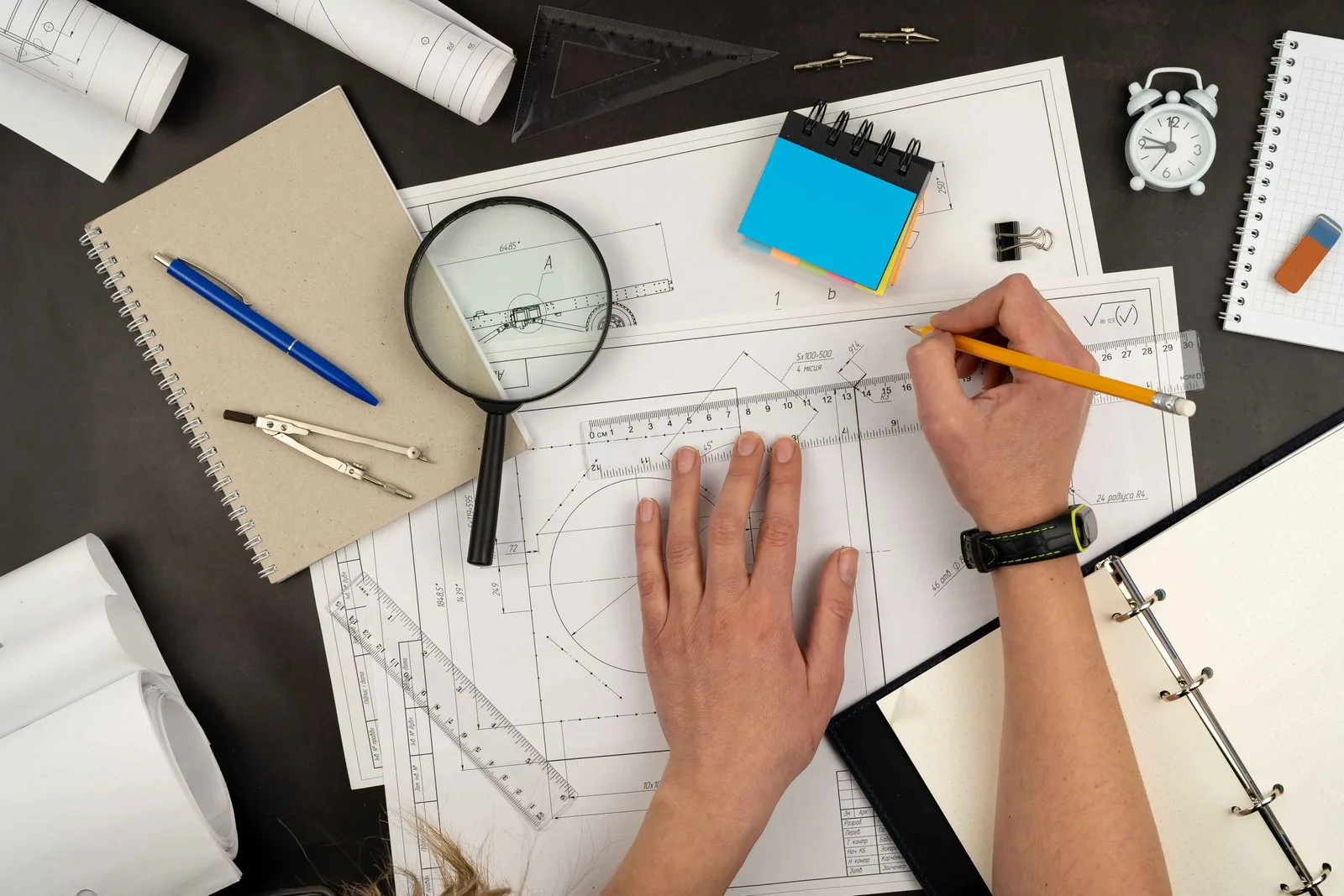 Hands working on detailed architectural drawings for a home project