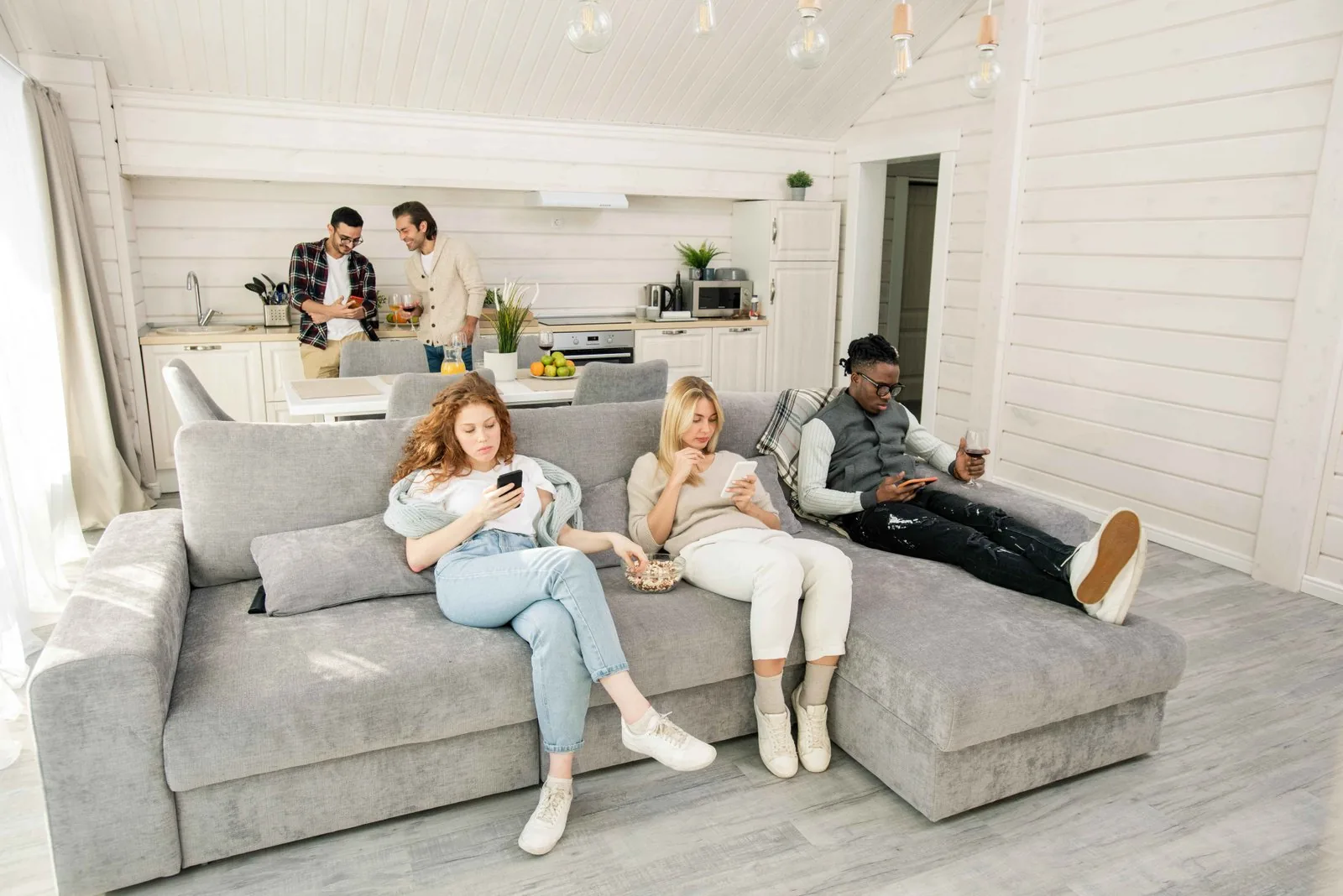 Modular sofa pieces arranged in a flexible layout