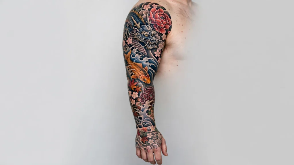 Full Japanese-style color sleeve tattoo with a dragon, koi fish and peonies