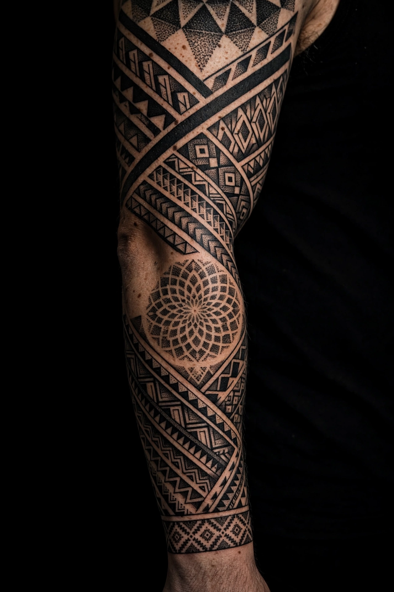 Close-up of a bold blackwork geometric sleeve tattoo with dotwork shading