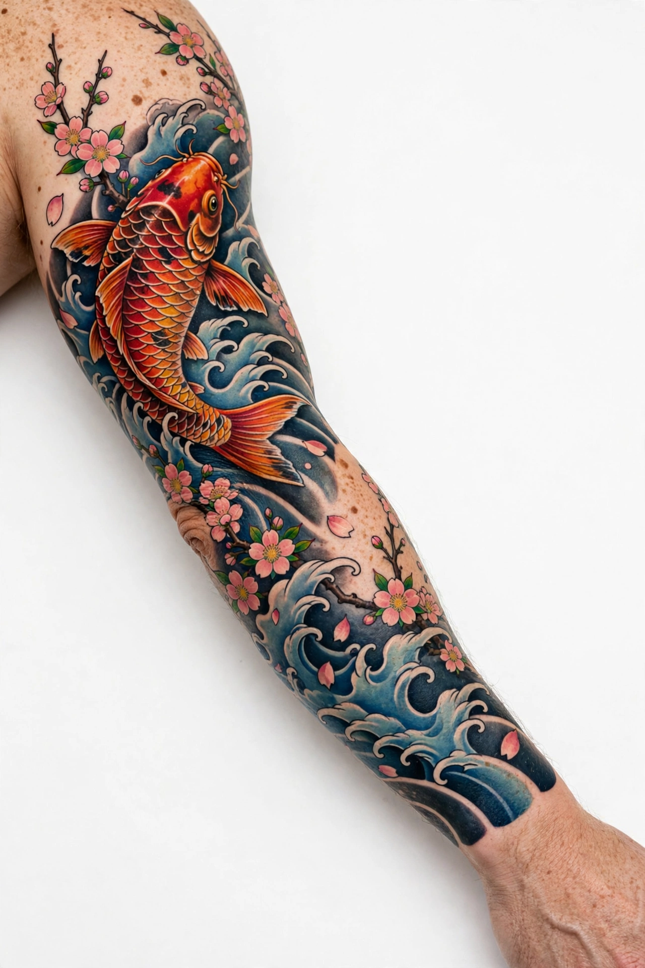 Vibrant full-color Japanese sleeve tattoo with koi fish, cherry blossoms and waves