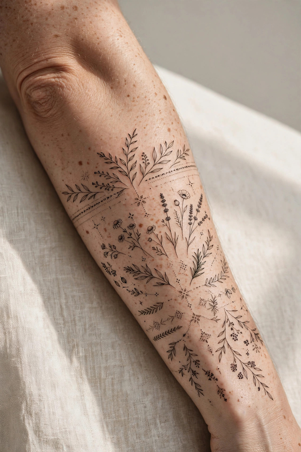 Delicate fine-line botanical half-sleeve tattoo design on a forearm