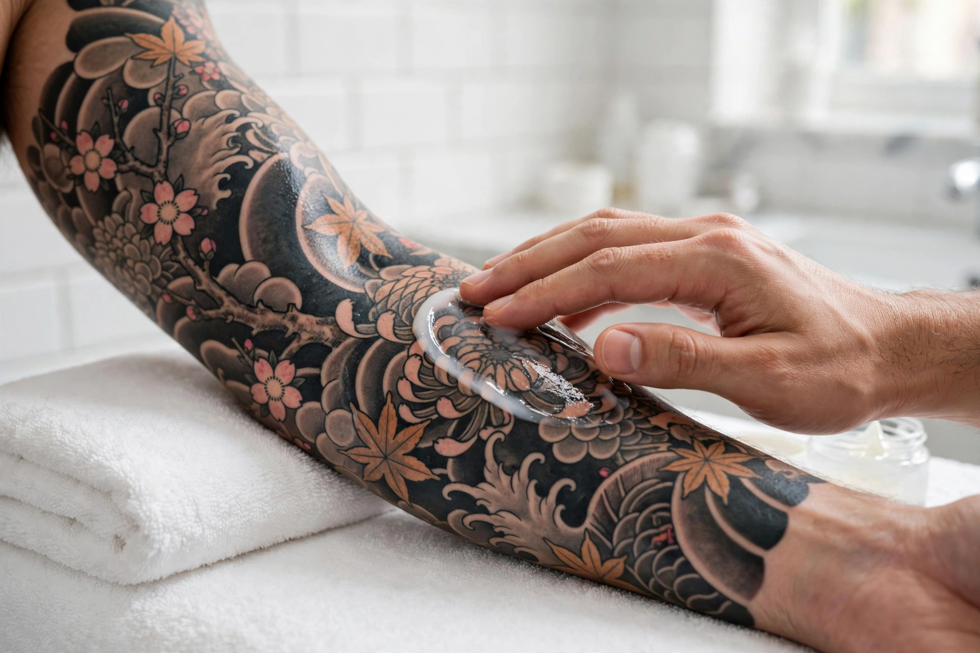 Applying moisturizer to a freshly healed full sleeve tattoo for proper aftercare