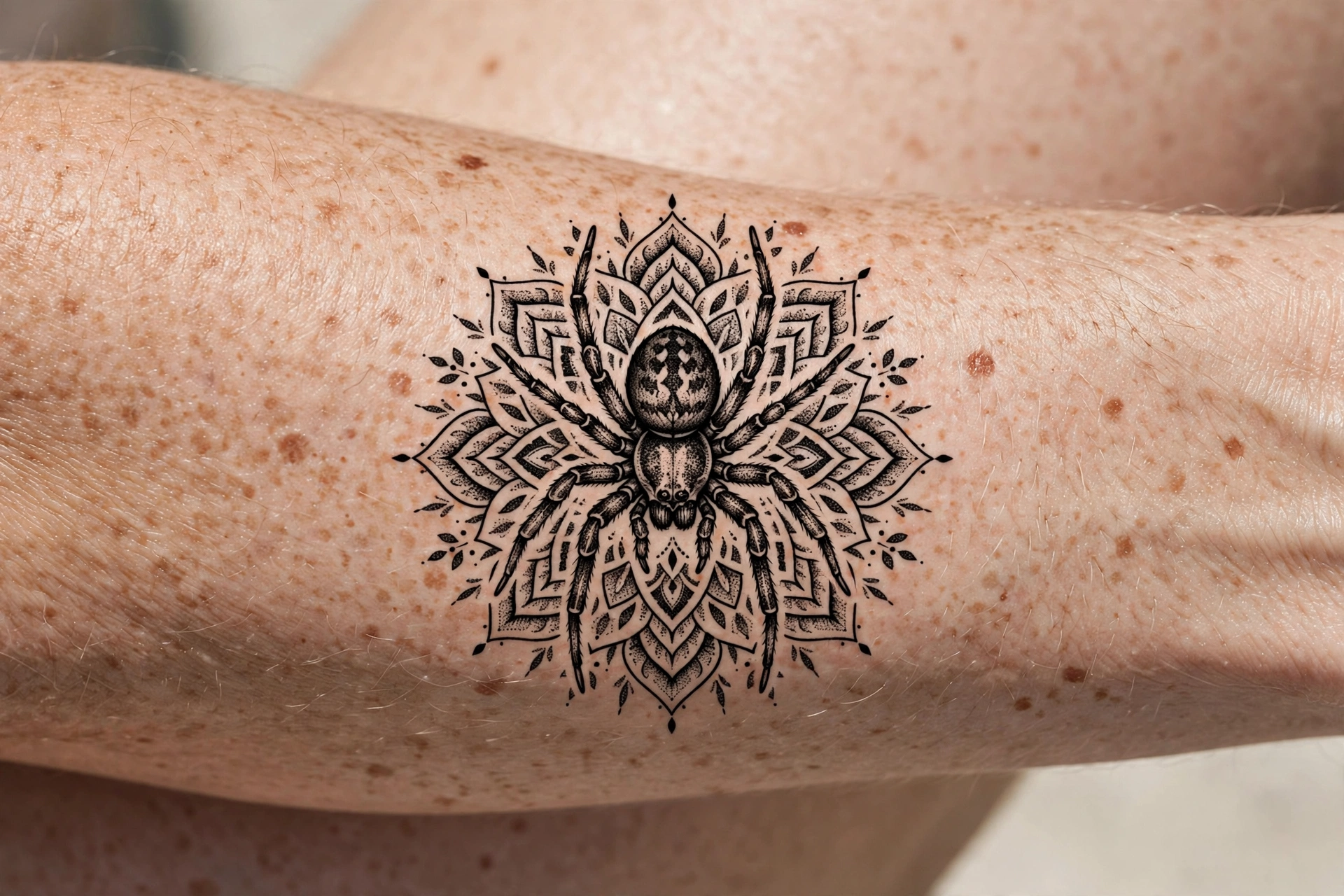 Striking blackwork spider tattoo photographed in bright editorial style