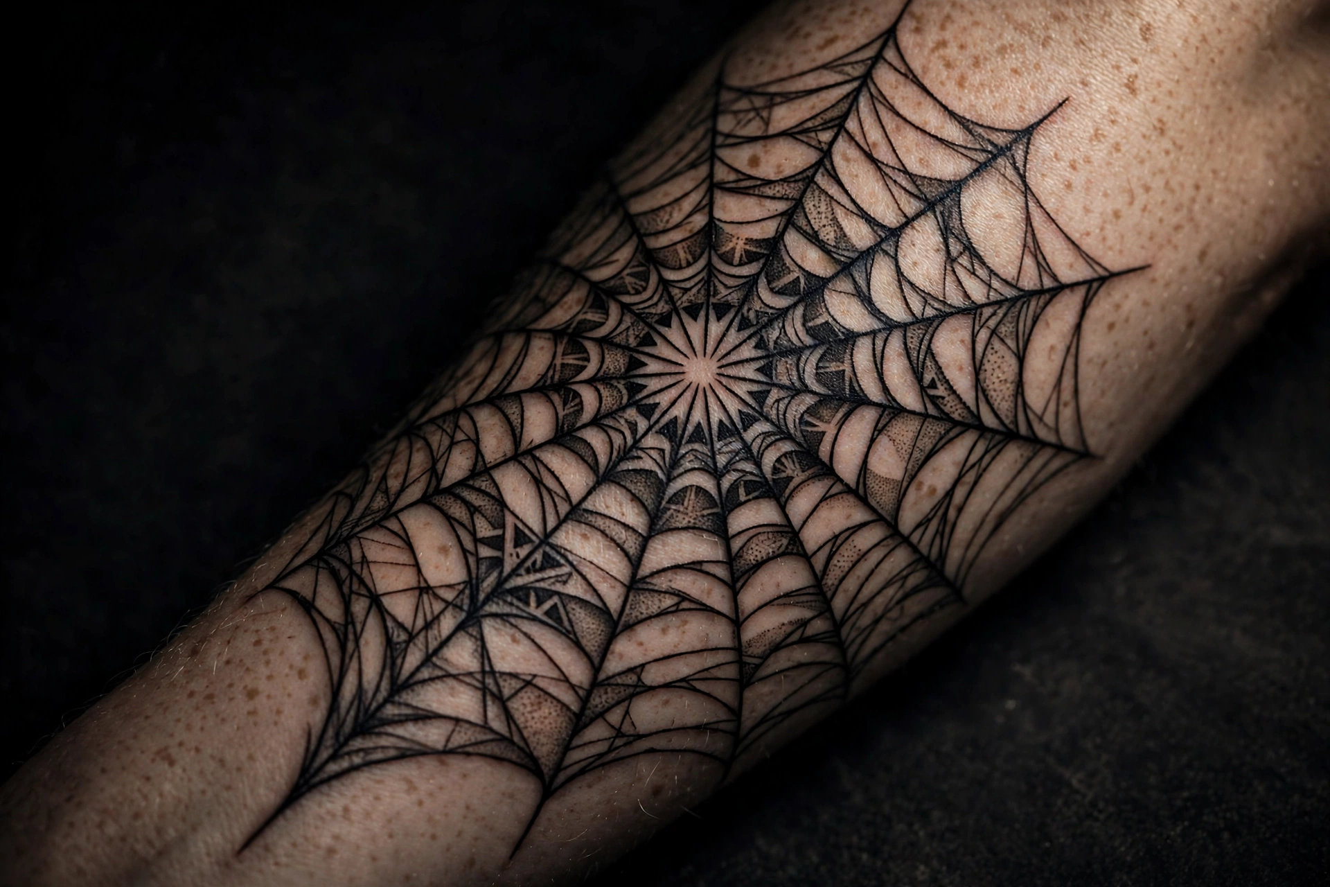 Close-up of an intricate blackwork spiderweb tattoo wrapping around a forearm
